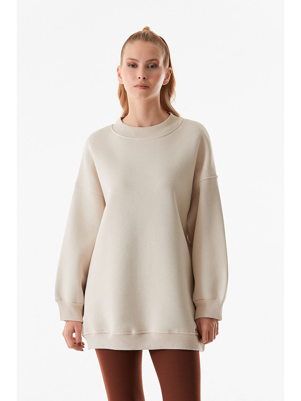 Fullamoda Bej Basic Bisiklet Yaka Oversize Sweatshirt - 3