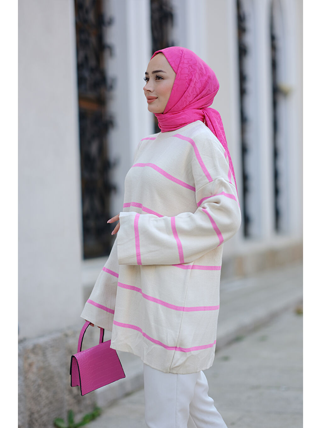 Locco Moda Pembe Çizgili Triko Tunik Pembe - 2