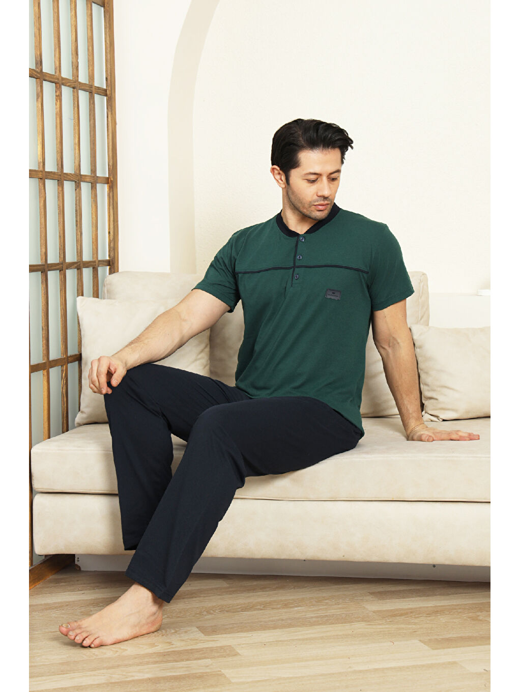 Haki Erkek %100 Pamuk Pijama Takımı -3 Düğmeli-Robalı 12383-1