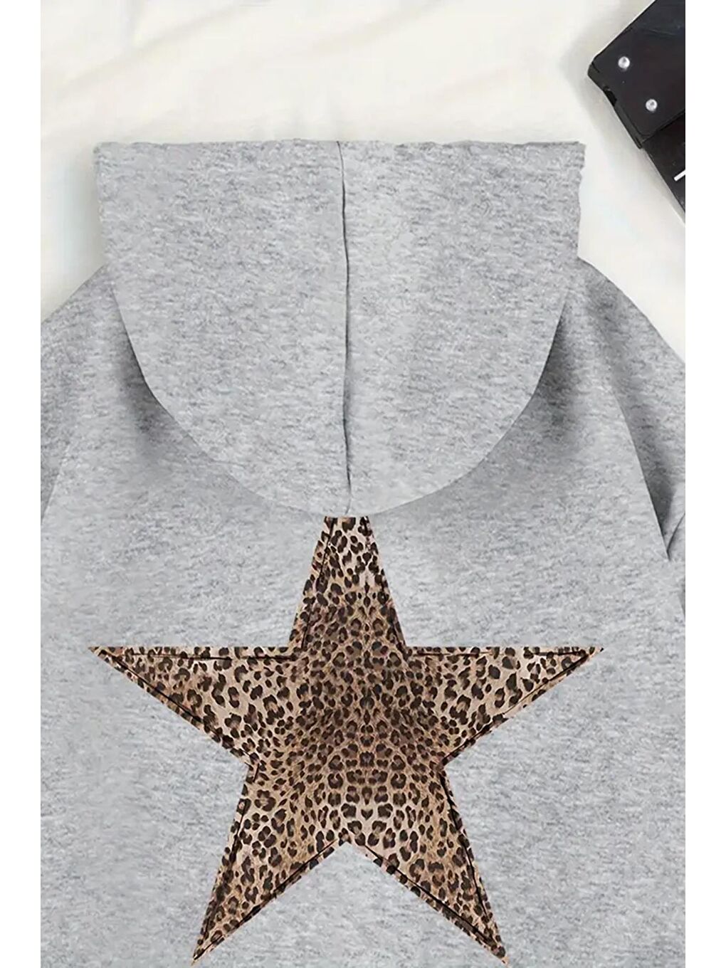 Gri Leopar Stars Sırt Yıldız Baskılı İçi Pamuklu Unisex Sweatshirt-2