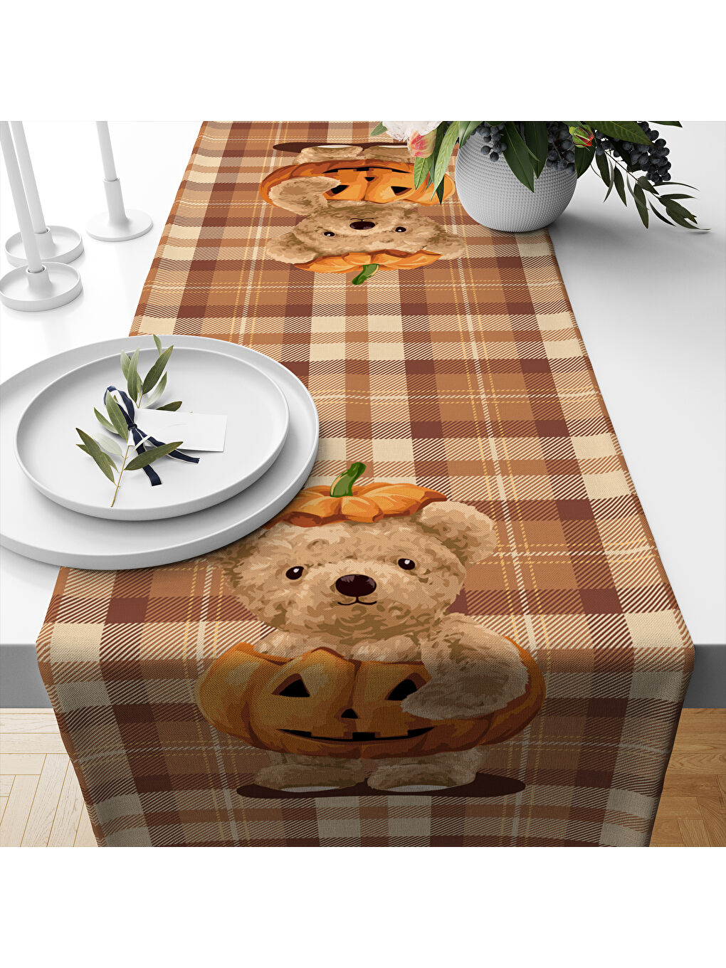 Karışık Sonbahar Desenli 40x140 cm Kadife Masa Örtüsü Runner-1