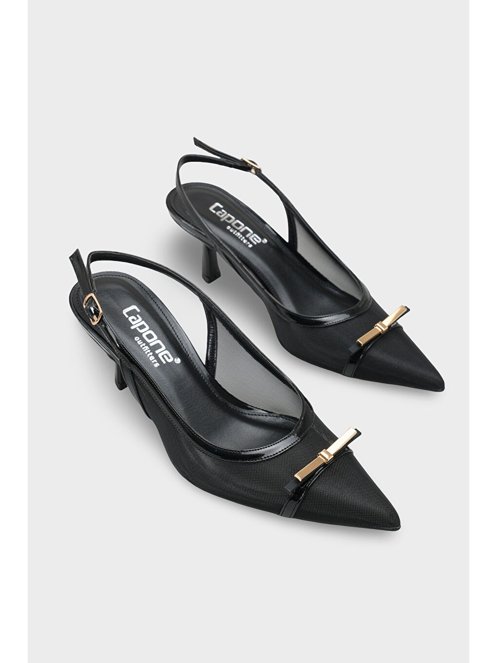 Siyah Joya Fileli Sivri Burunlu Orta Topuklu Arkası Açık Kadın Ayakkabı-1