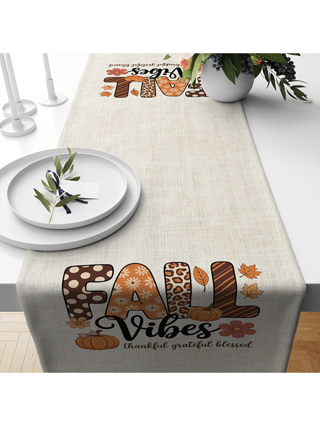 Karışık Sonbahar Desenli 40x140 cm Kadife Masa Örtüsü Runner-1