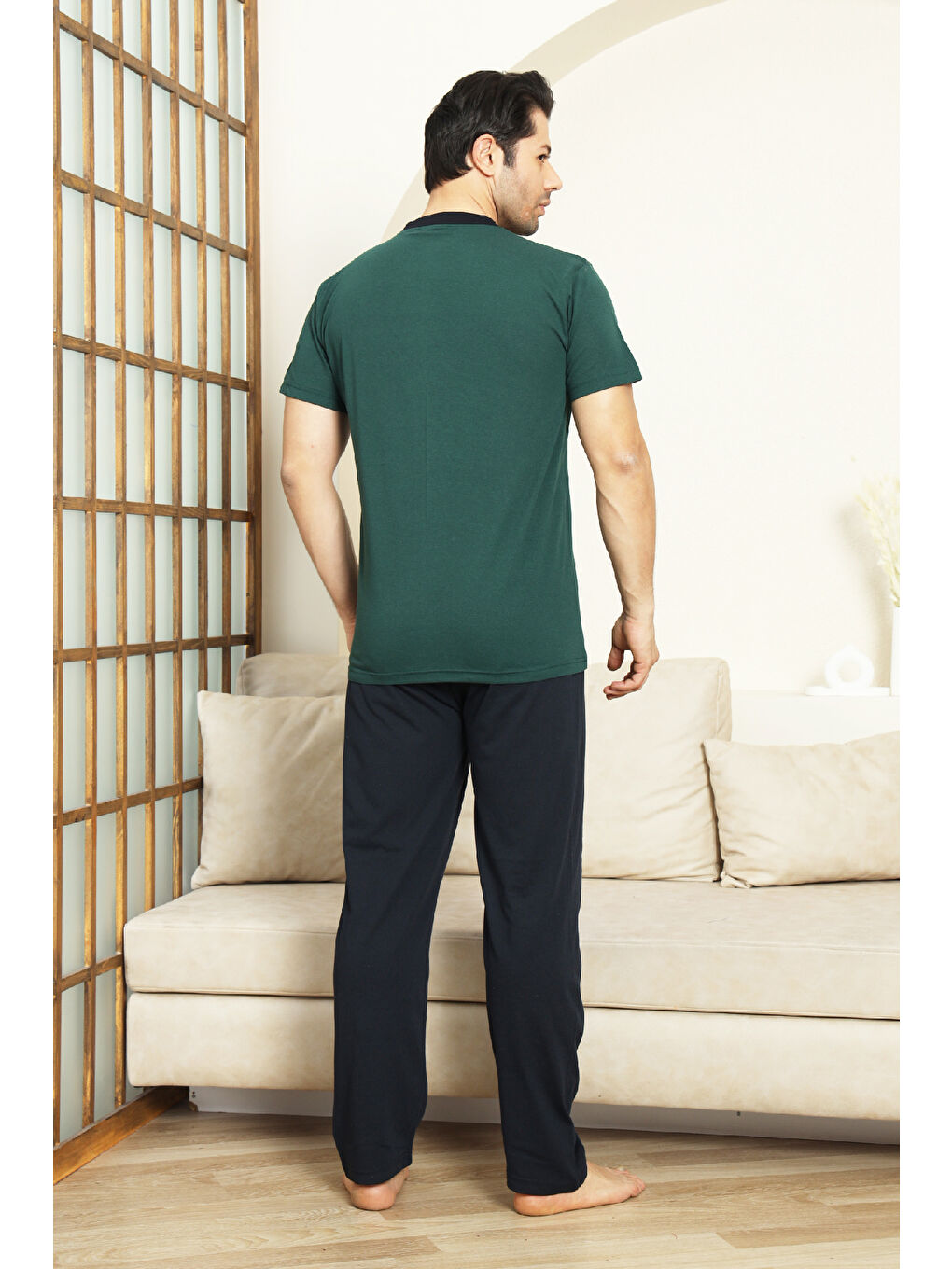 Haki Erkek %100 Pamuk Pijama Takımı -3 Düğmeli-Robalı 12383-2