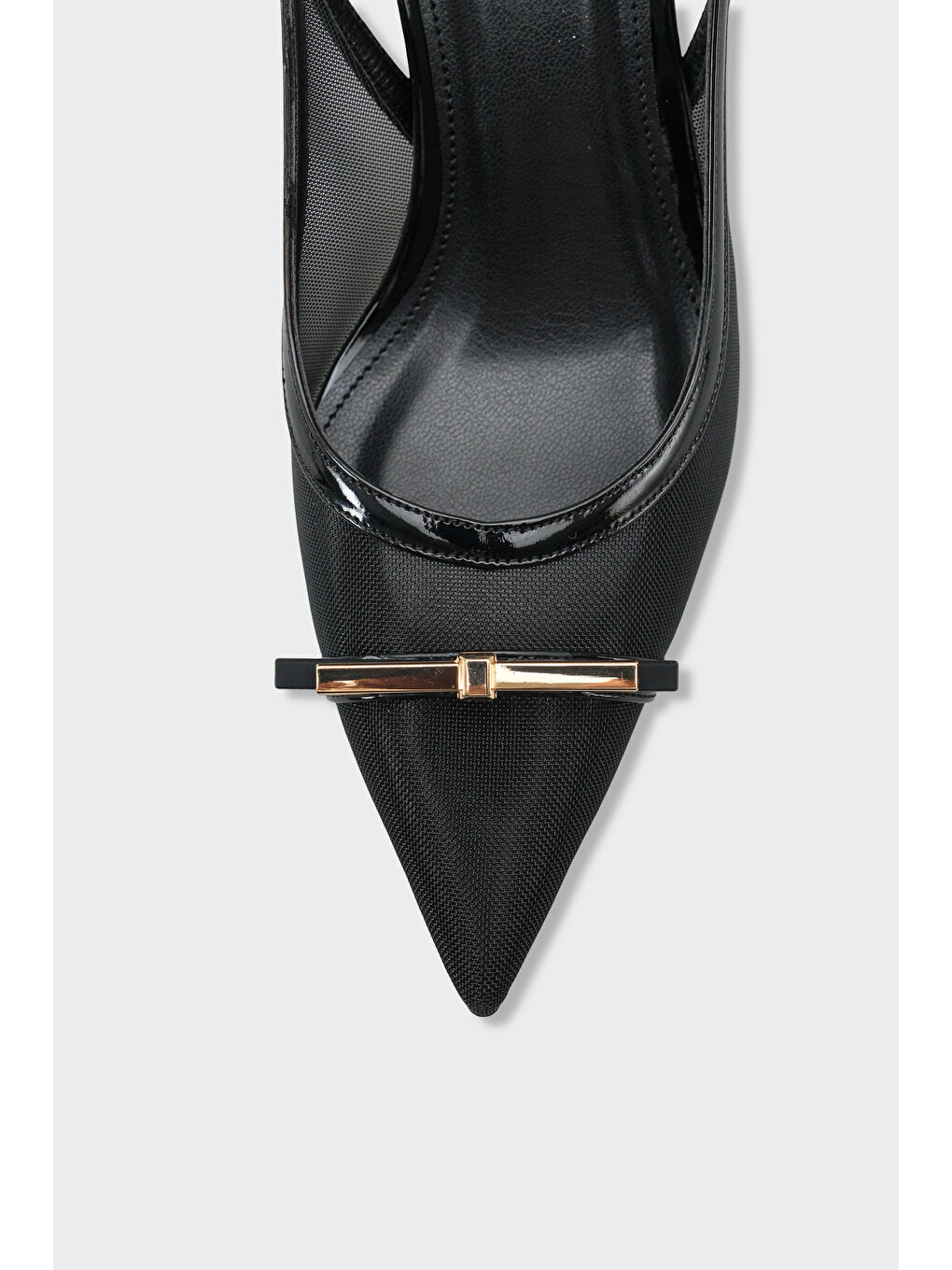 Siyah Joya Fileli Sivri Burunlu Orta Topuklu Arkası Açık Kadın Ayakkabı-2