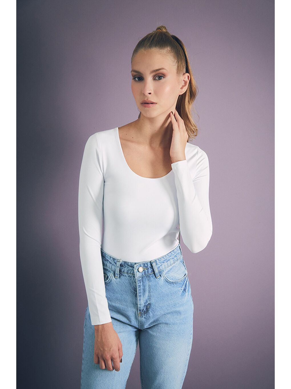 Beyaz Basic Kare Yaka Bluz-1