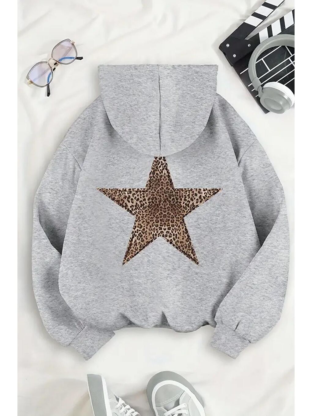 Gri Leopar Stars Sırt Yıldız Baskılı İçi Pamuklu Unisex Sweatshirt-3
