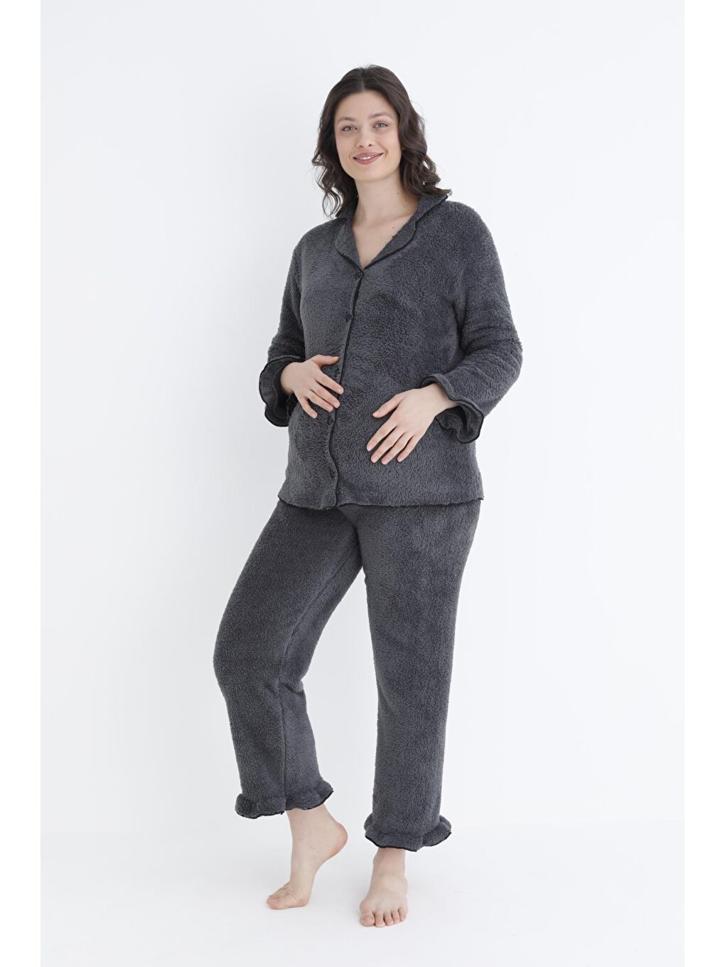 Gri Füme Önden Düğmeli Hamile ve Lohusa Pelüş Pijama Takımı-1