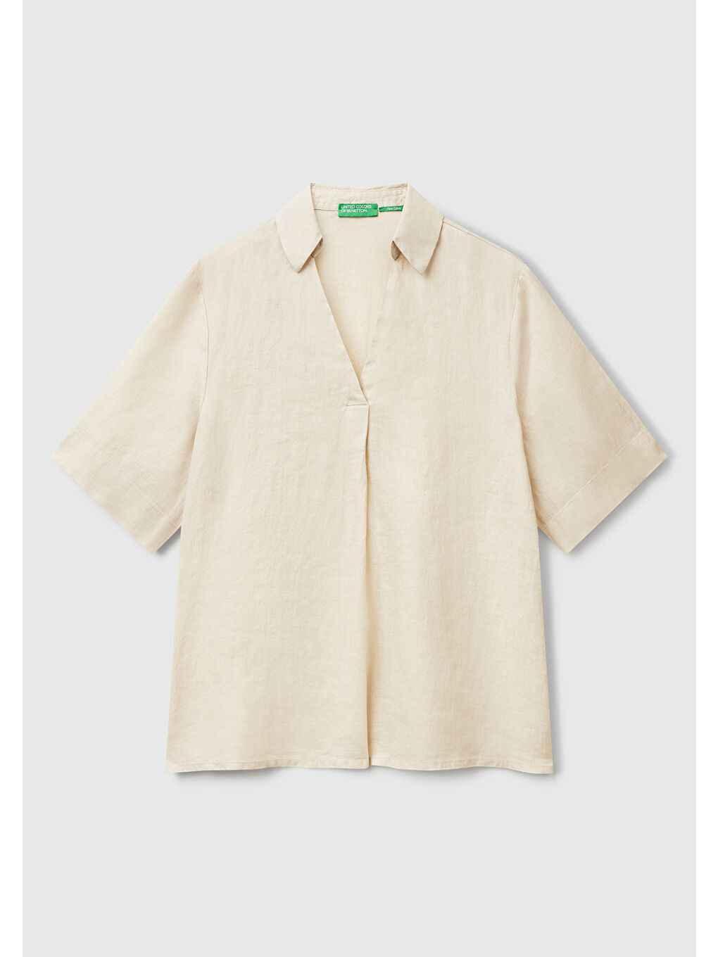 Bej Kadın Taş Rengi %100 Keten Relax Fit V Gömlek Yakalı Kısa Kollu Bluz-1