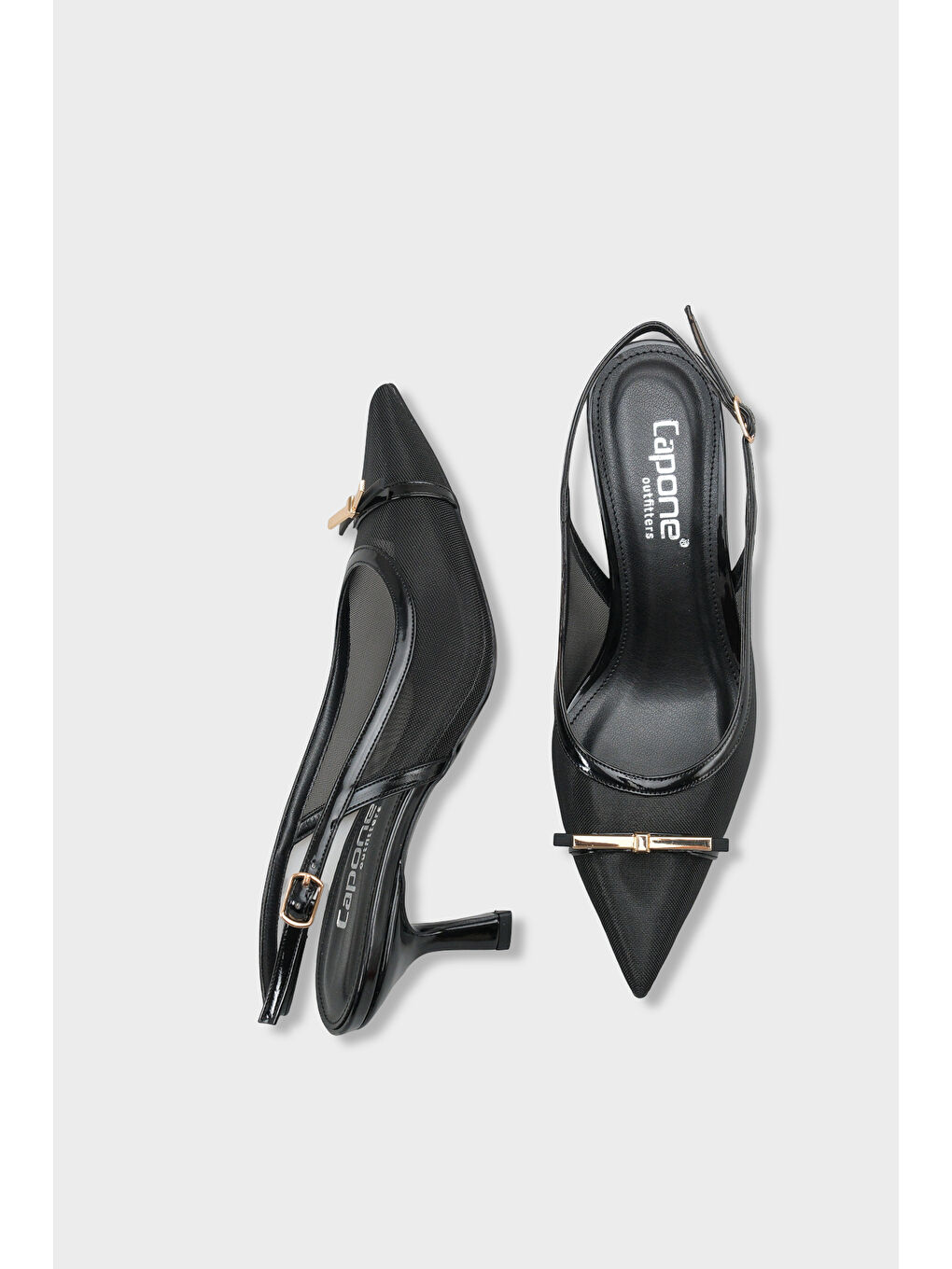 Siyah Joya Fileli Sivri Burunlu Orta Topuklu Arkası Açık Kadın Ayakkabı-4