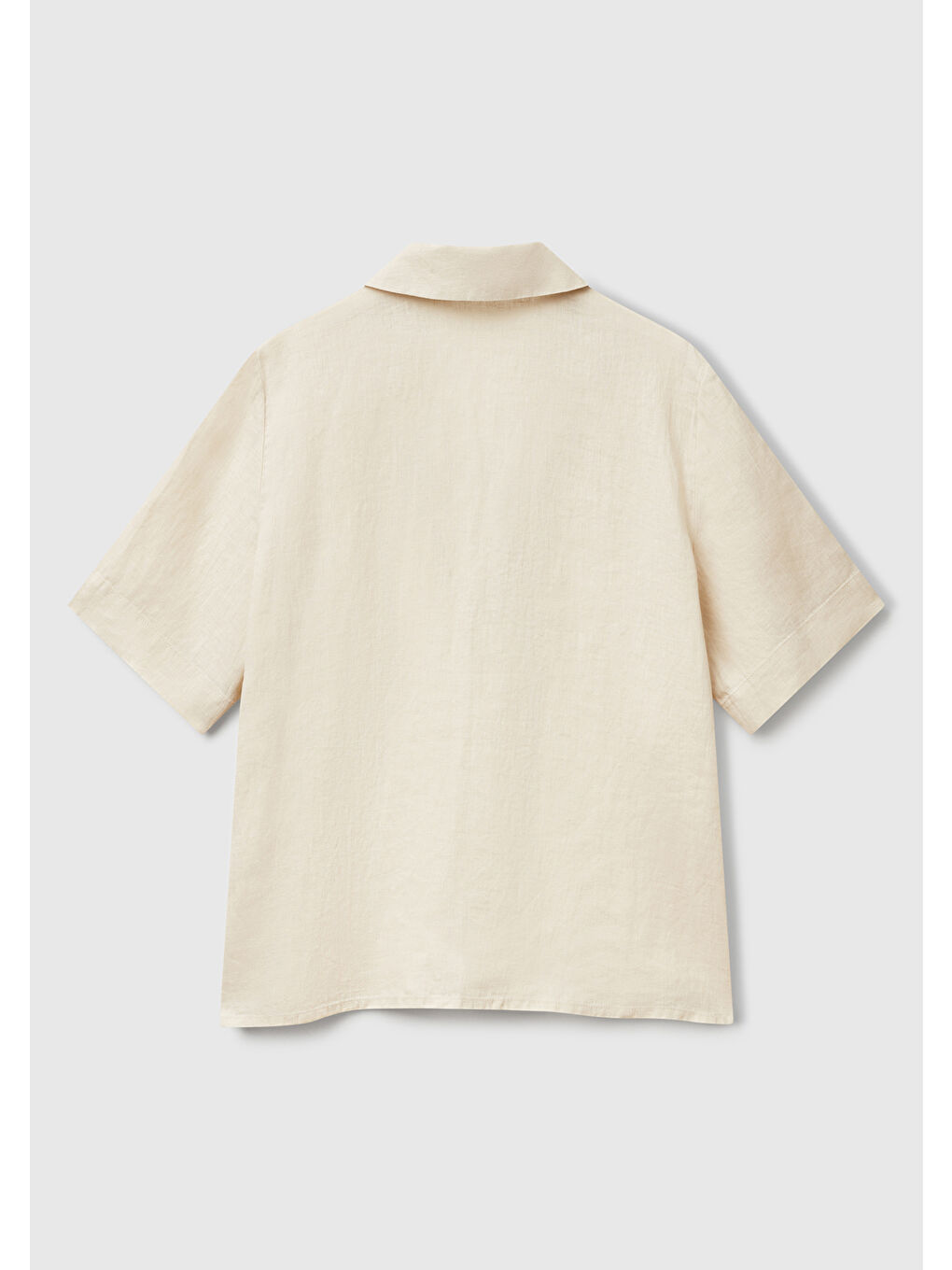 Bej Kadın Taş Rengi %100 Keten Relax Fit V Gömlek Yakalı Kısa Kollu Bluz-3