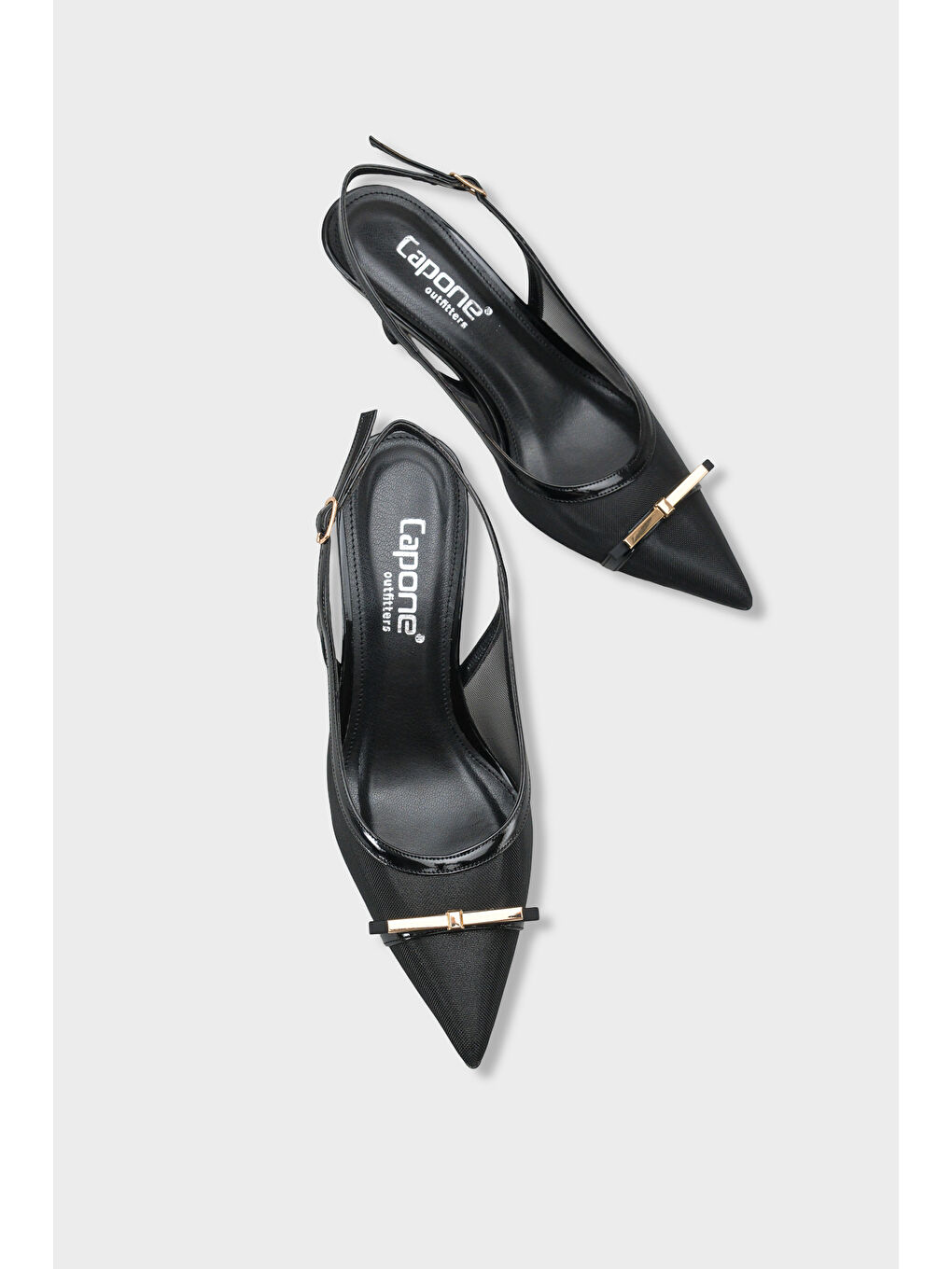 Siyah Joya Fileli Sivri Burunlu Orta Topuklu Arkası Açık Kadın Ayakkabı-5