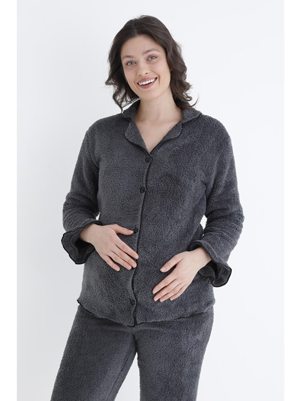 Gri Füme Önden Düğmeli Hamile ve Lohusa Pelüş Pijama Takımı-4