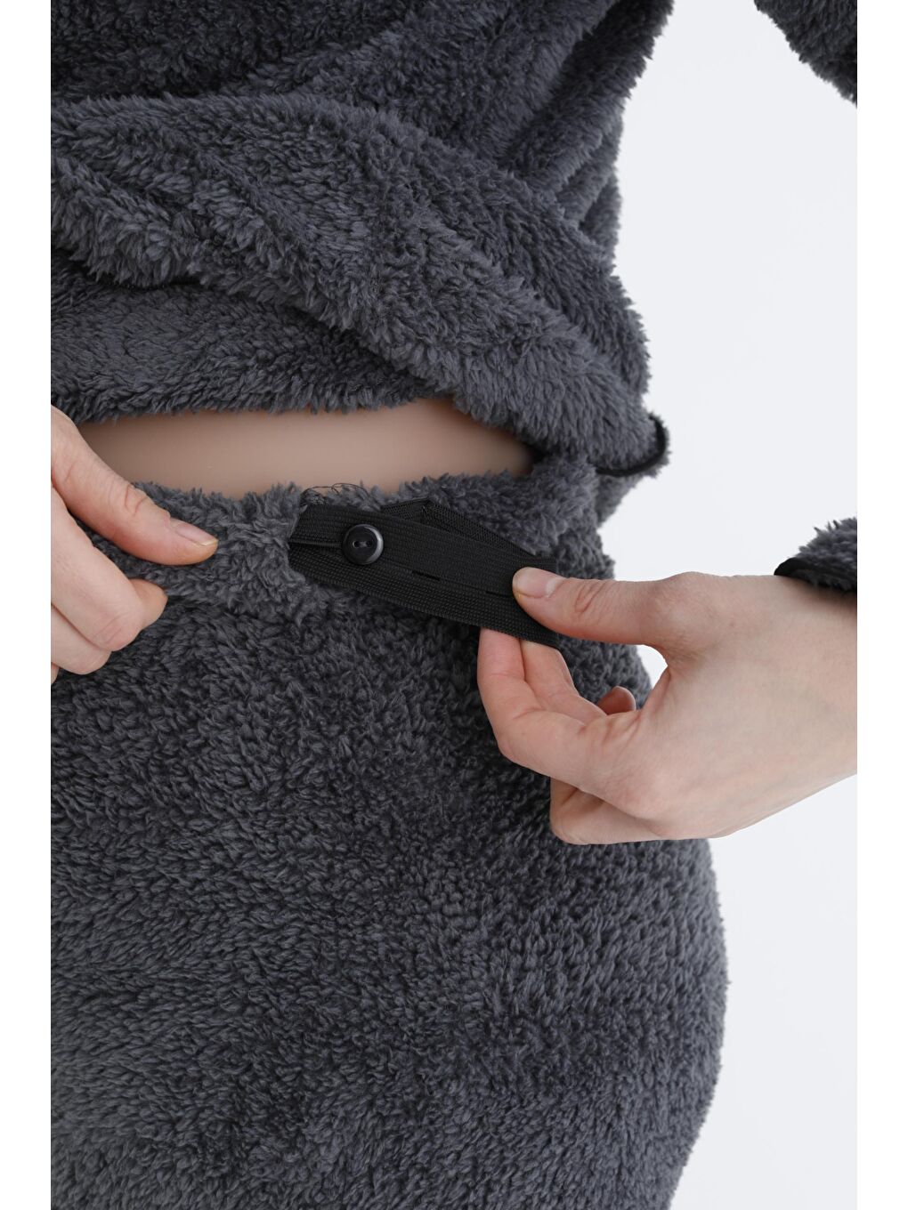 Gri Füme Önden Düğmeli Hamile ve Lohusa Pelüş Pijama Takımı-5