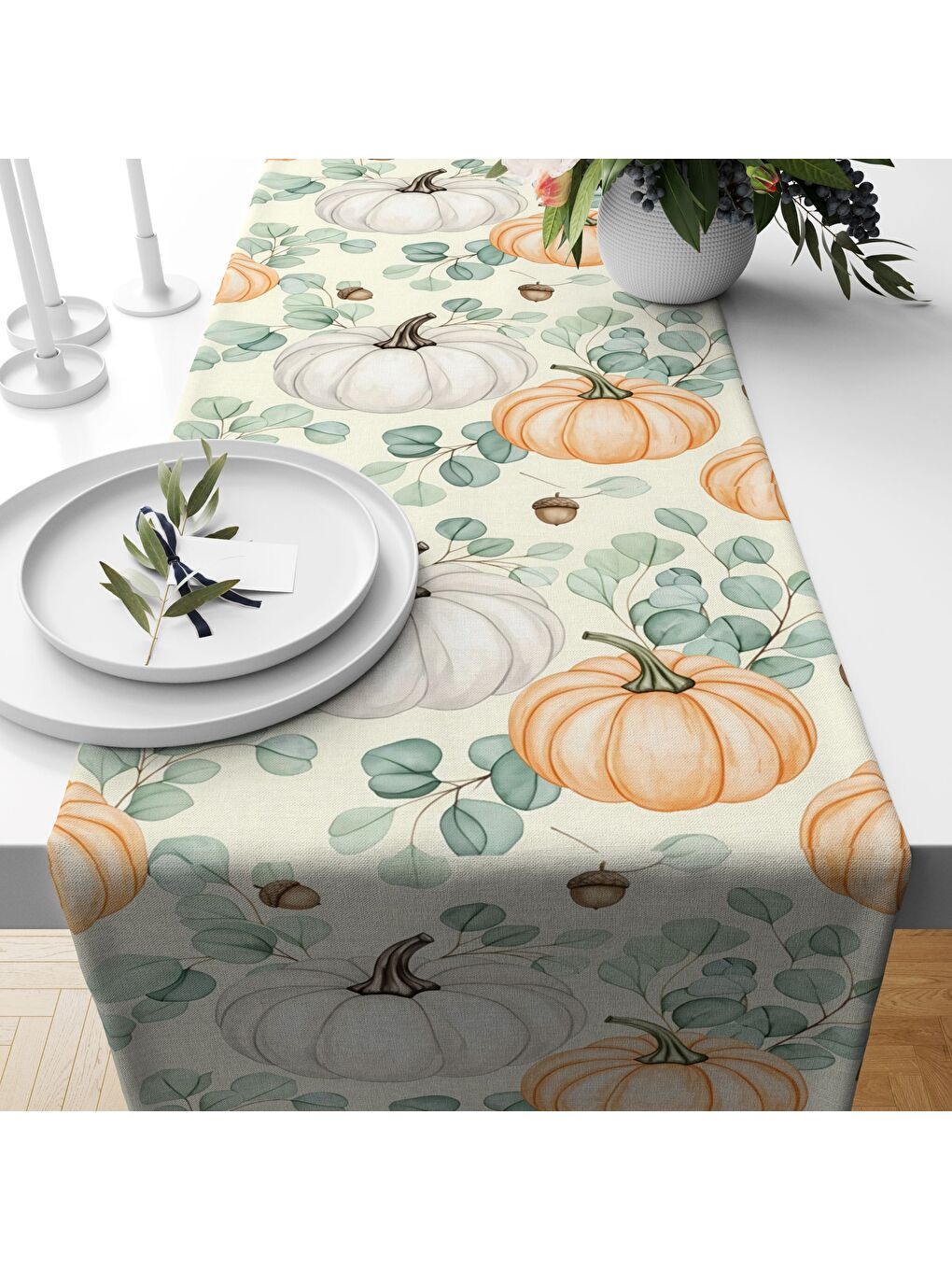 Karışık Sonbahar Desenli 40x140 cm Kadife Masa Örtüsü Runner-1