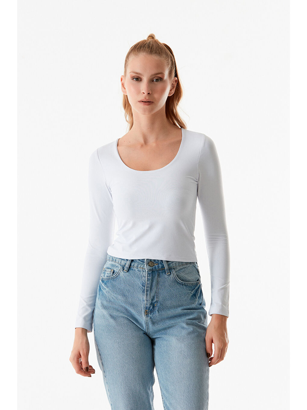 Beyaz Basic Kare Yaka Bluz-4