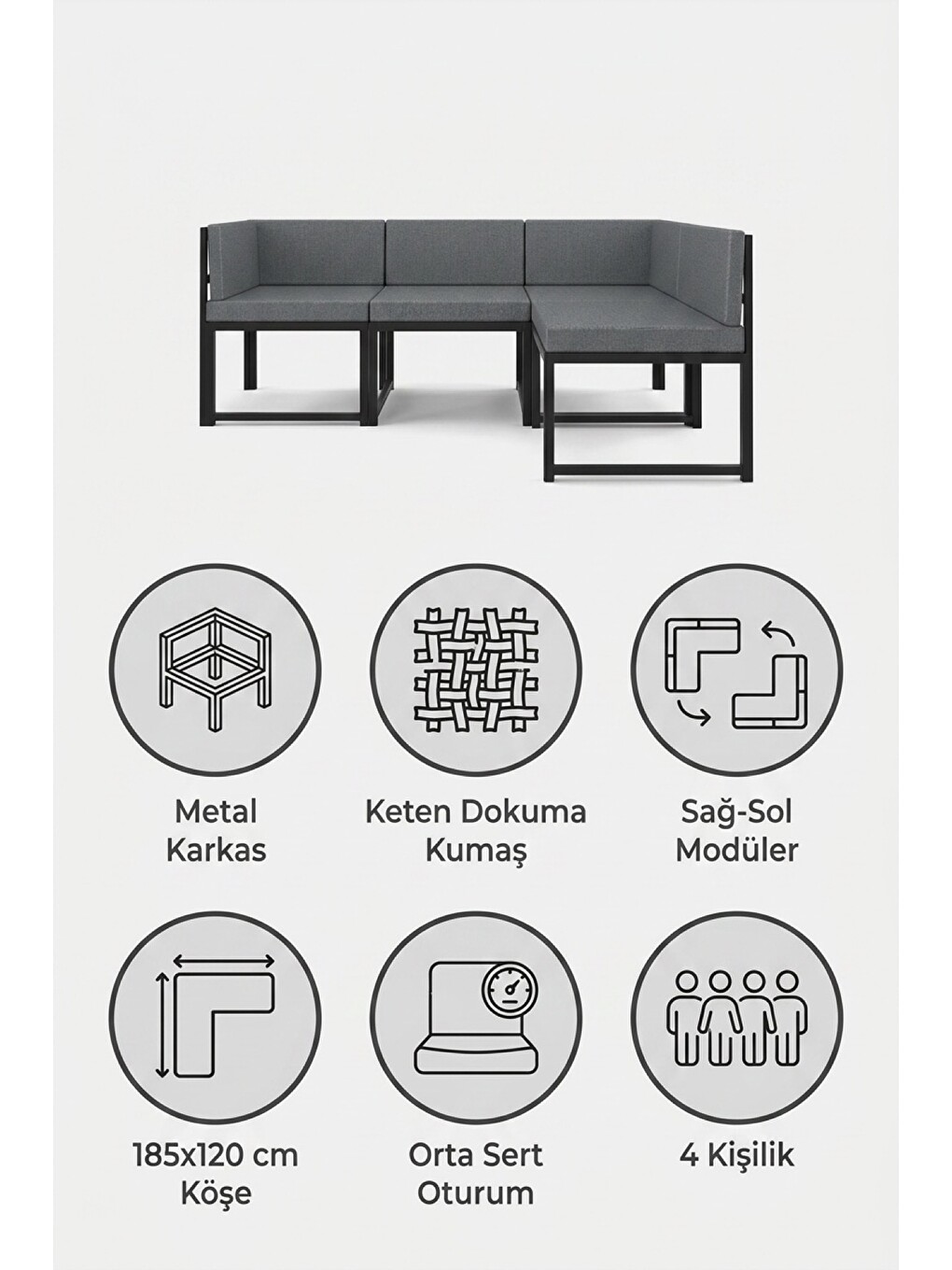 Gri Nora Metal Karkas 4'lü Köşe Koltuk Takımı | Keten Dokuma, Sağ-sol Modüler, Balkon Bahçe-1