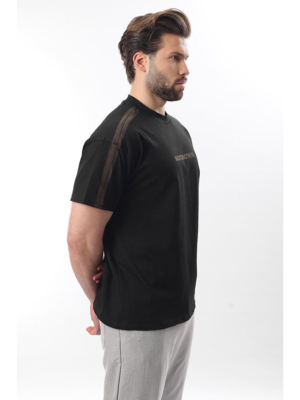 Siyah Bisiklet Yaka Baskılı Erkek %100 Pamuk Tişört E7110-1