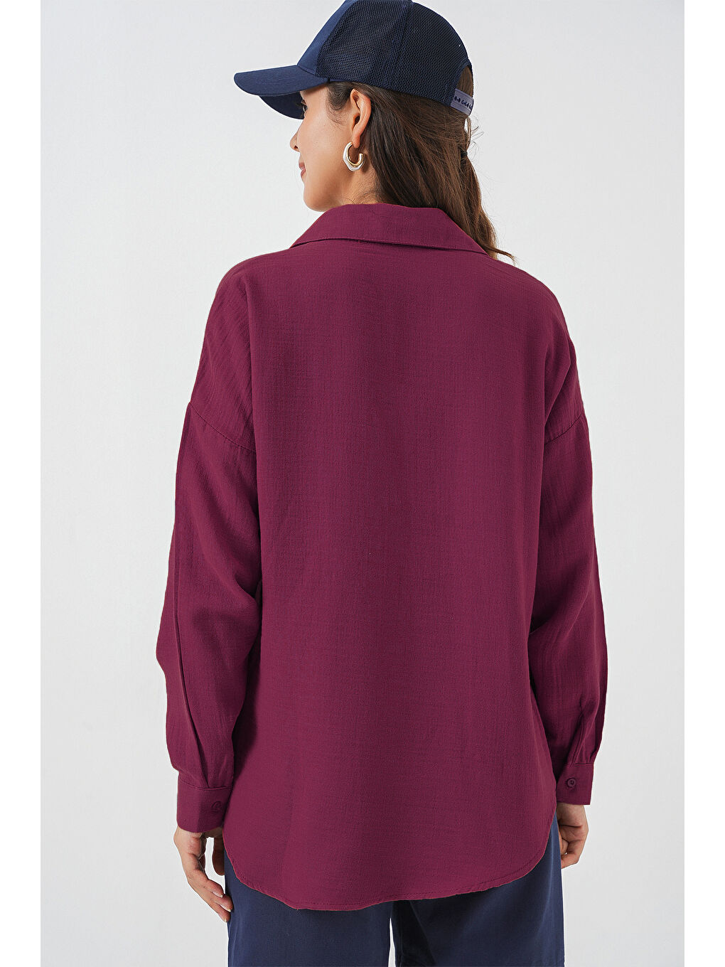 20153 Tek Cepli Oversize Keten Gömlek - Mürdüm-2