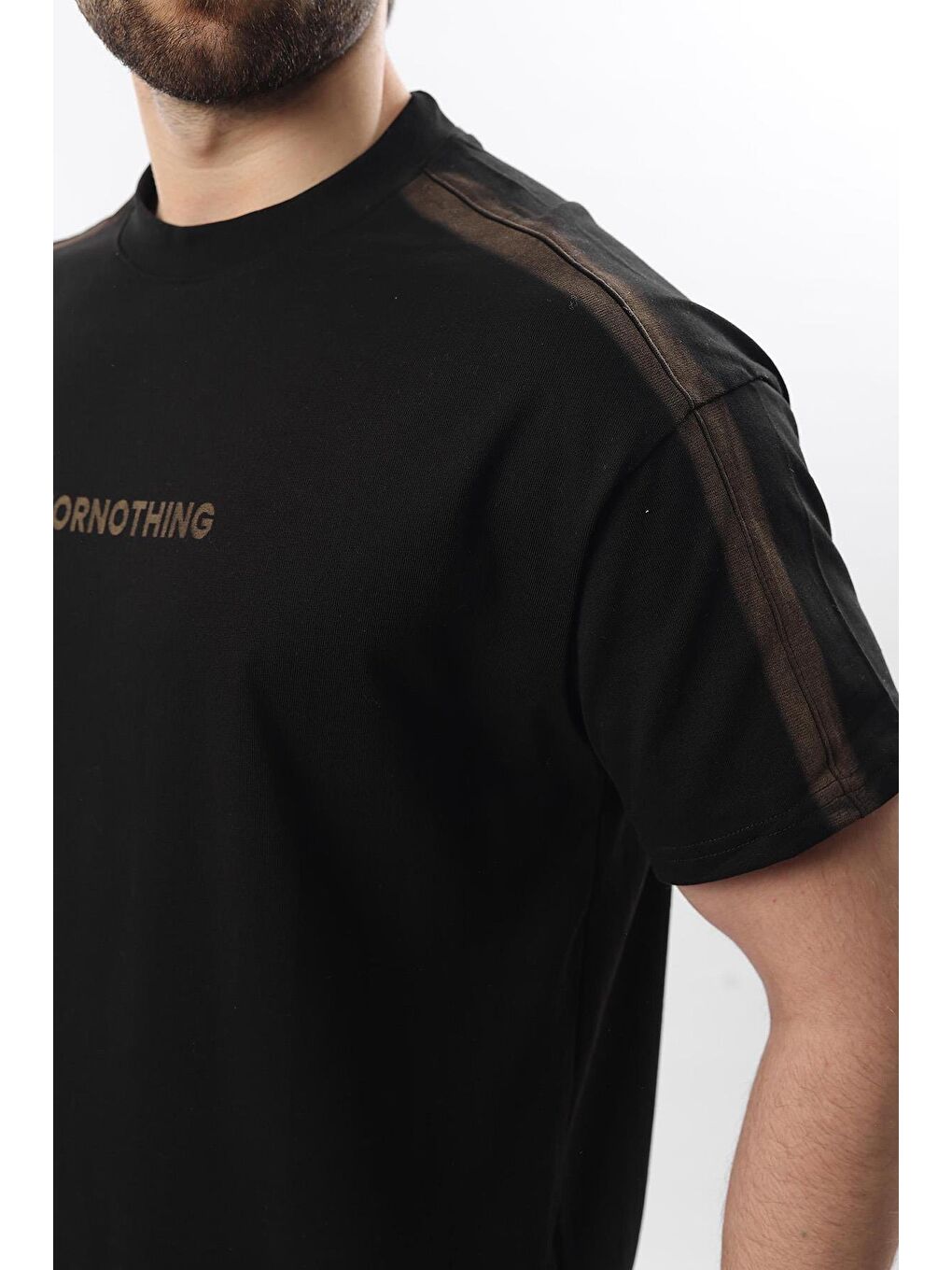 Siyah Bisiklet Yaka Baskılı Erkek %100 Pamuk Tişört E7110-2