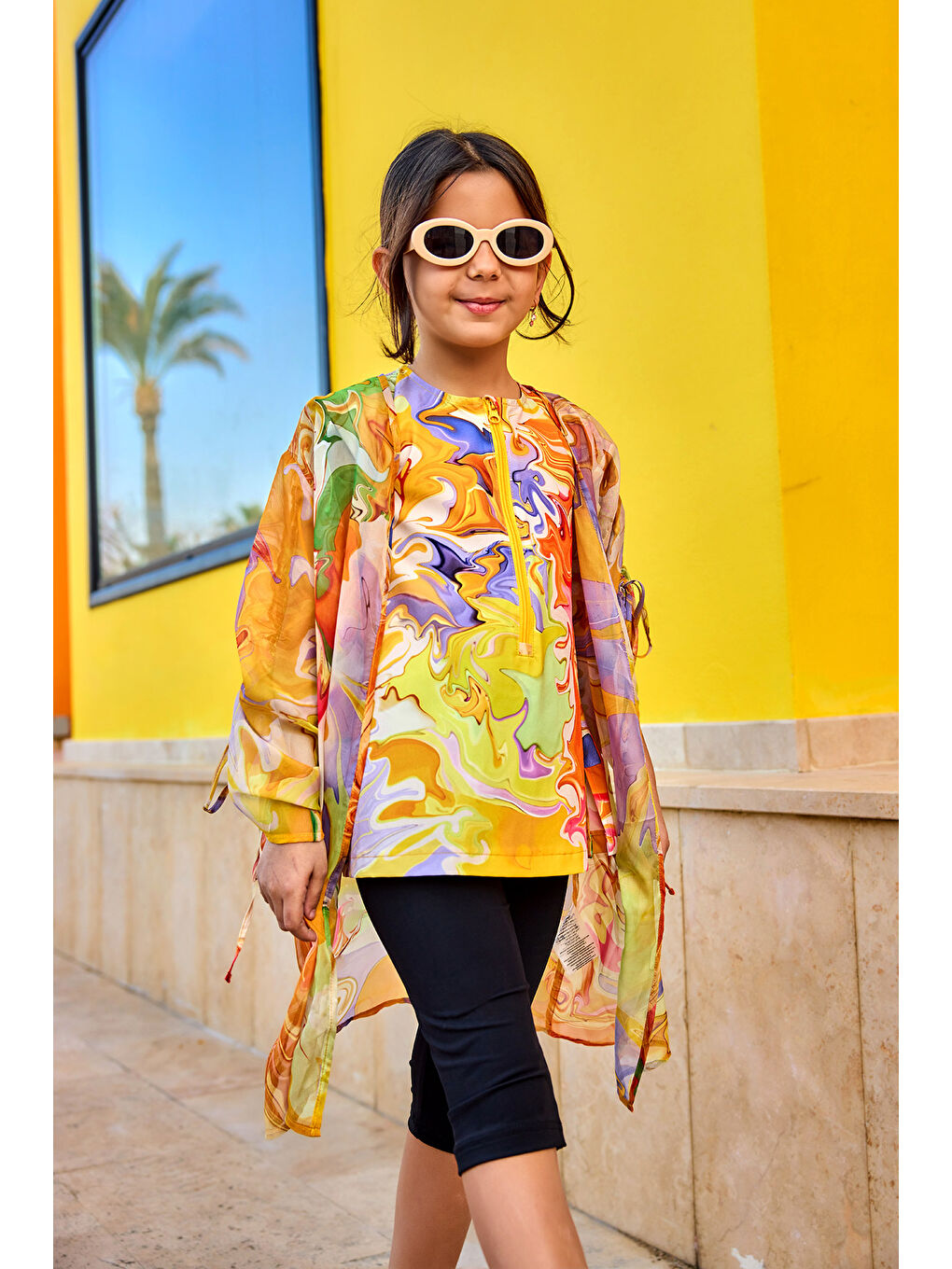 Sarı Kız Çocuk Kimono Hafif, Dökümlü Pareo CP2504