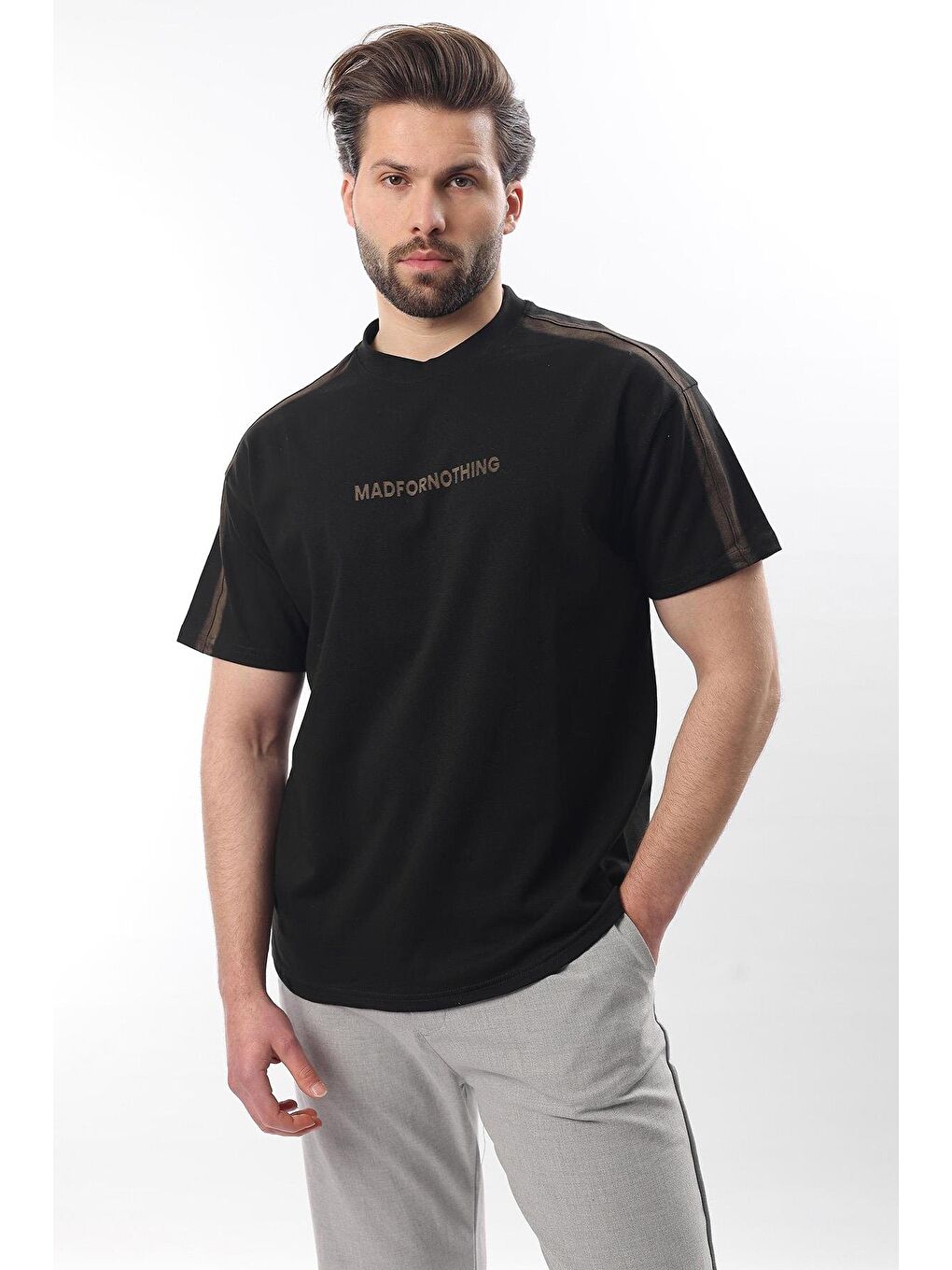 Siyah Bisiklet Yaka Baskılı Erkek %100 Pamuk Tişört E7110-3