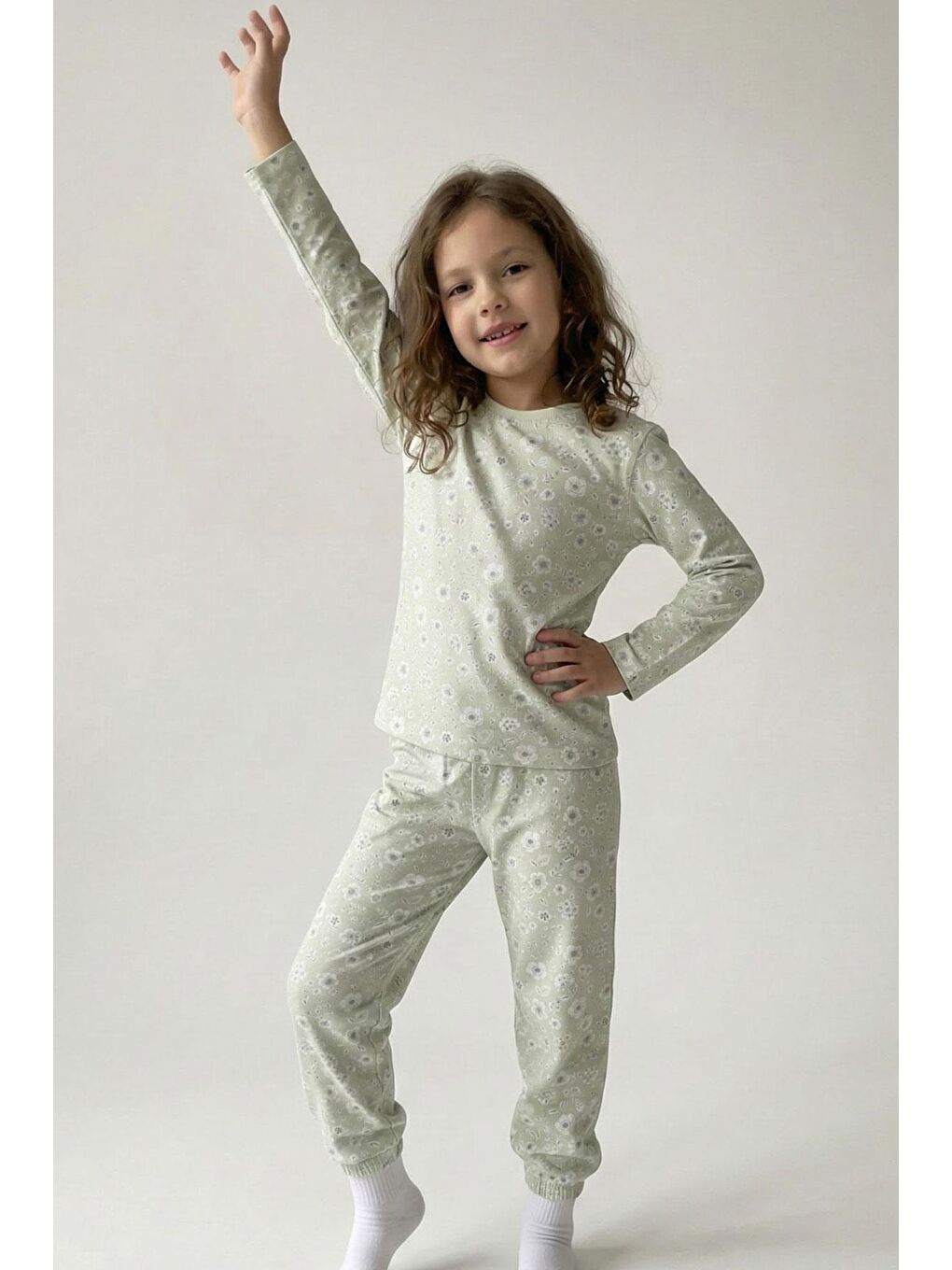 Turkuaz Kız Çocuk Pijama Takımı Çiçek Desenli Su Yeşili (4-8 Yaş)-1