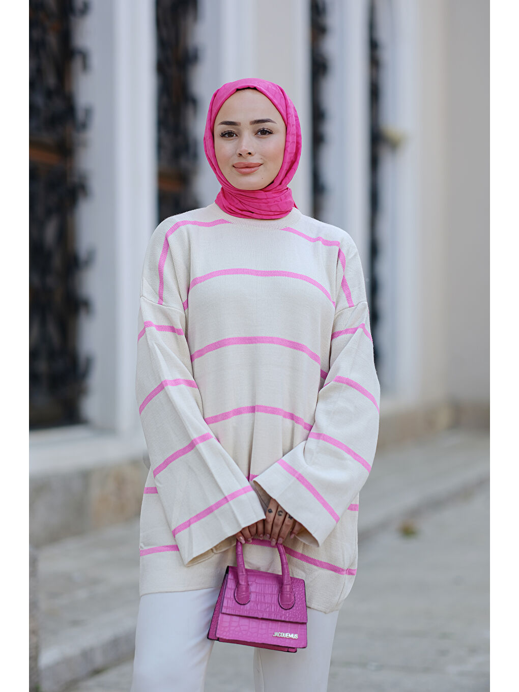 Locco Moda Pembe Çizgili Triko Tunik Pembe - 3