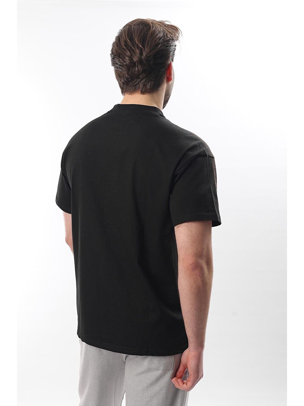 Siyah Bisiklet Yaka Baskılı Erkek %100 Pamuk Tişört E7110-4