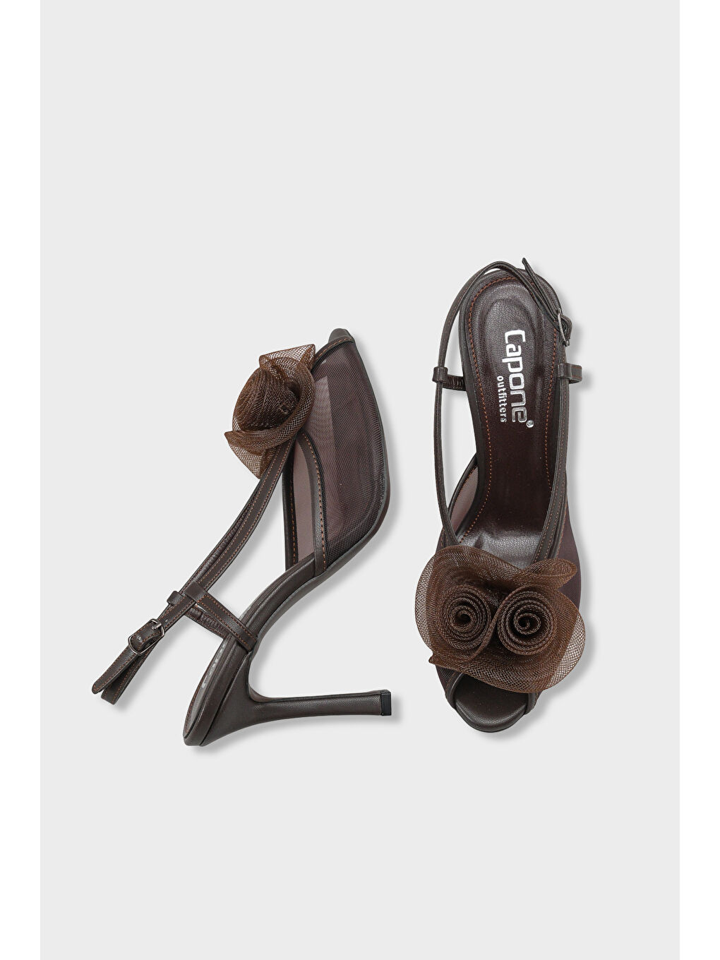 Kahverengi Reina Fileli Yuvarlak Burunlu Fiyonklu Yüksek Topuklu Bantlı Kadın Ayakkabı-3