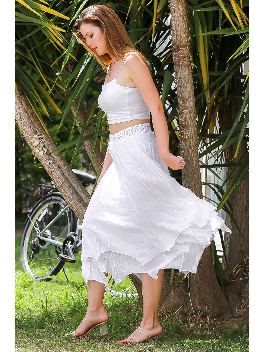 Organik Pamuk Beyaz Astarlı Dokuma Asimetrik Lastikli Bel Casual Etek