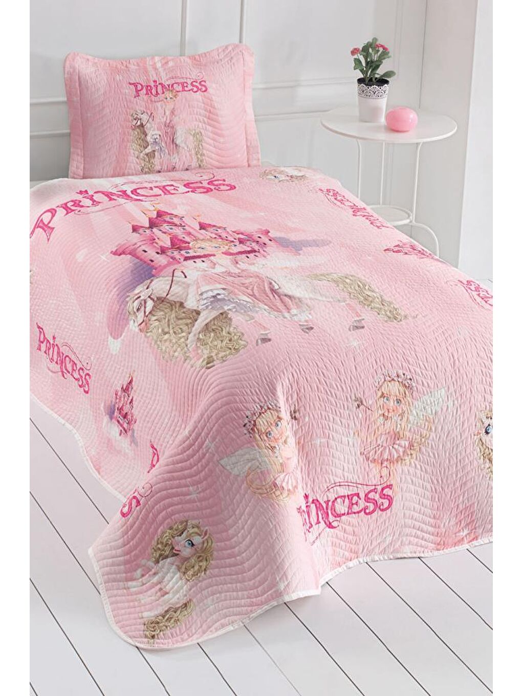 Pembe Prenses Genç ve Çocuk Baskılı Tek Kişilik Yatak Örtüsü Pudra