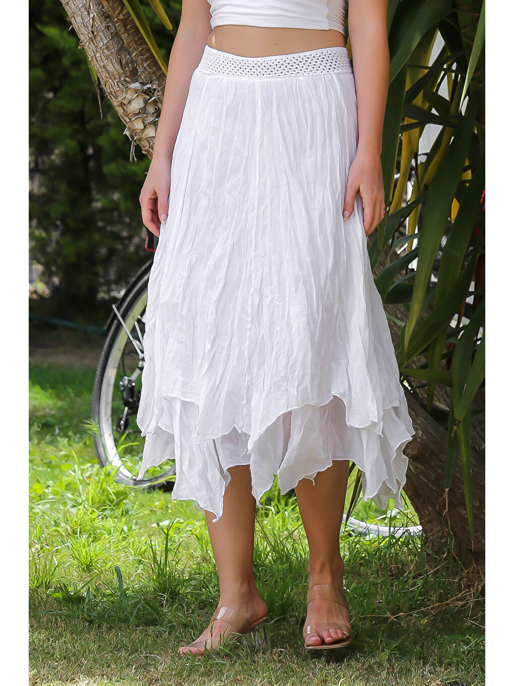 Organik Pamuk Beyaz Astarlı Dokuma Asimetrik Lastikli Bel Casual Etek-1