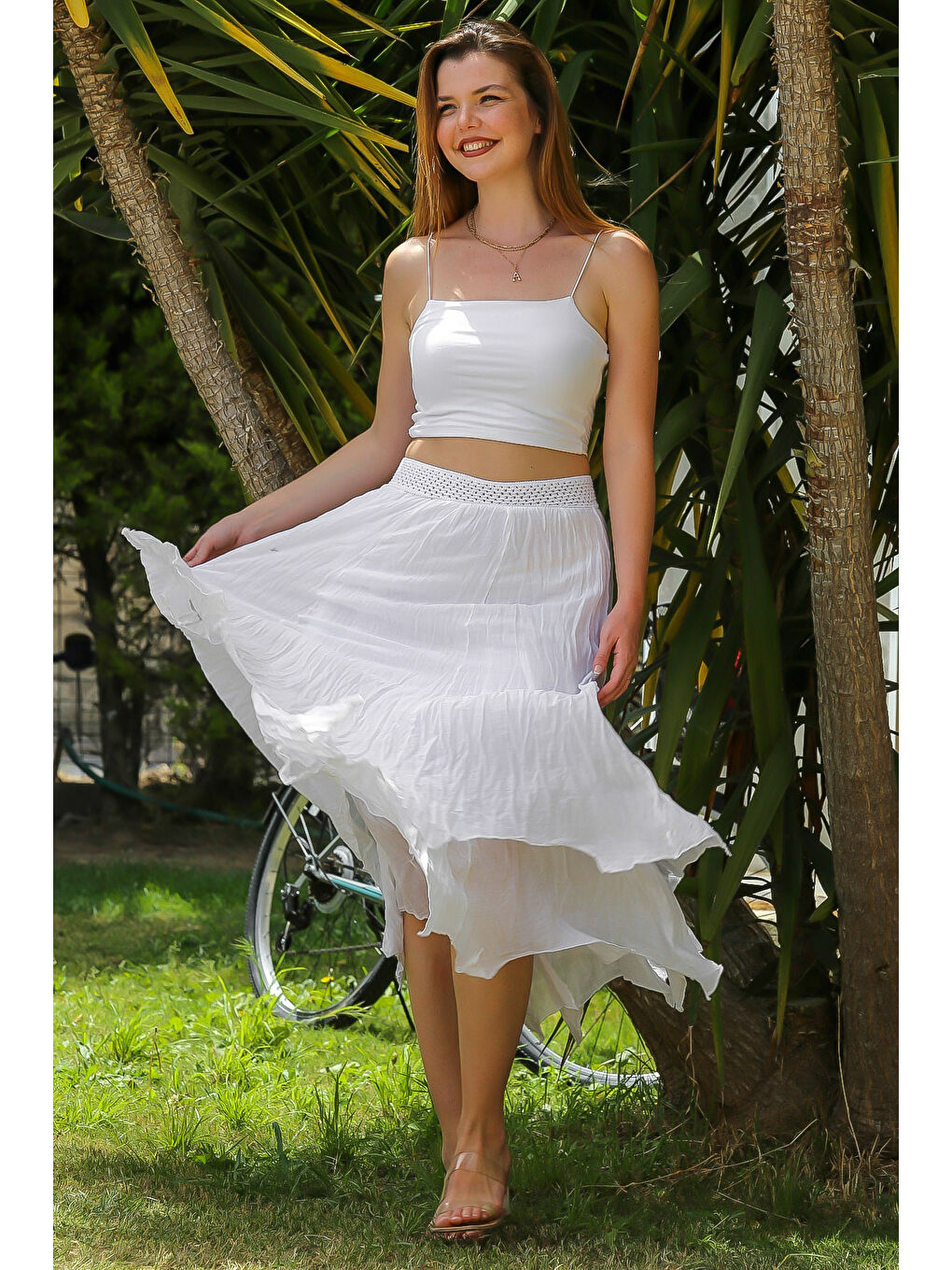 Organik Pamuk Beyaz Astarlı Dokuma Asimetrik Lastikli Bel Casual Etek-3