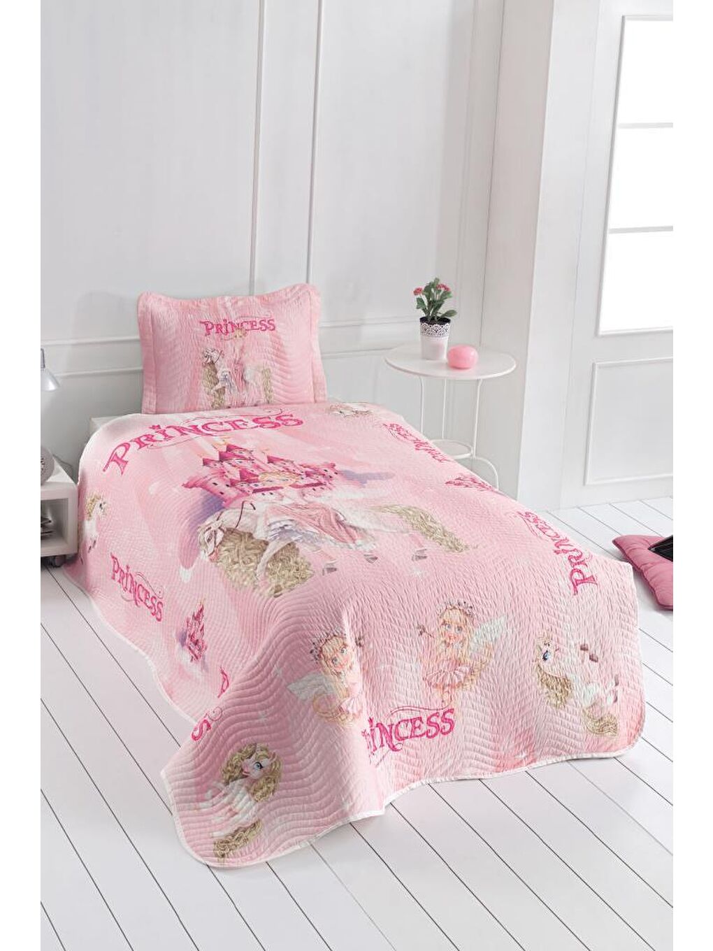 Pembe Prenses Genç ve Çocuk Baskılı Tek Kişilik Yatak Örtüsü Pudra-1
