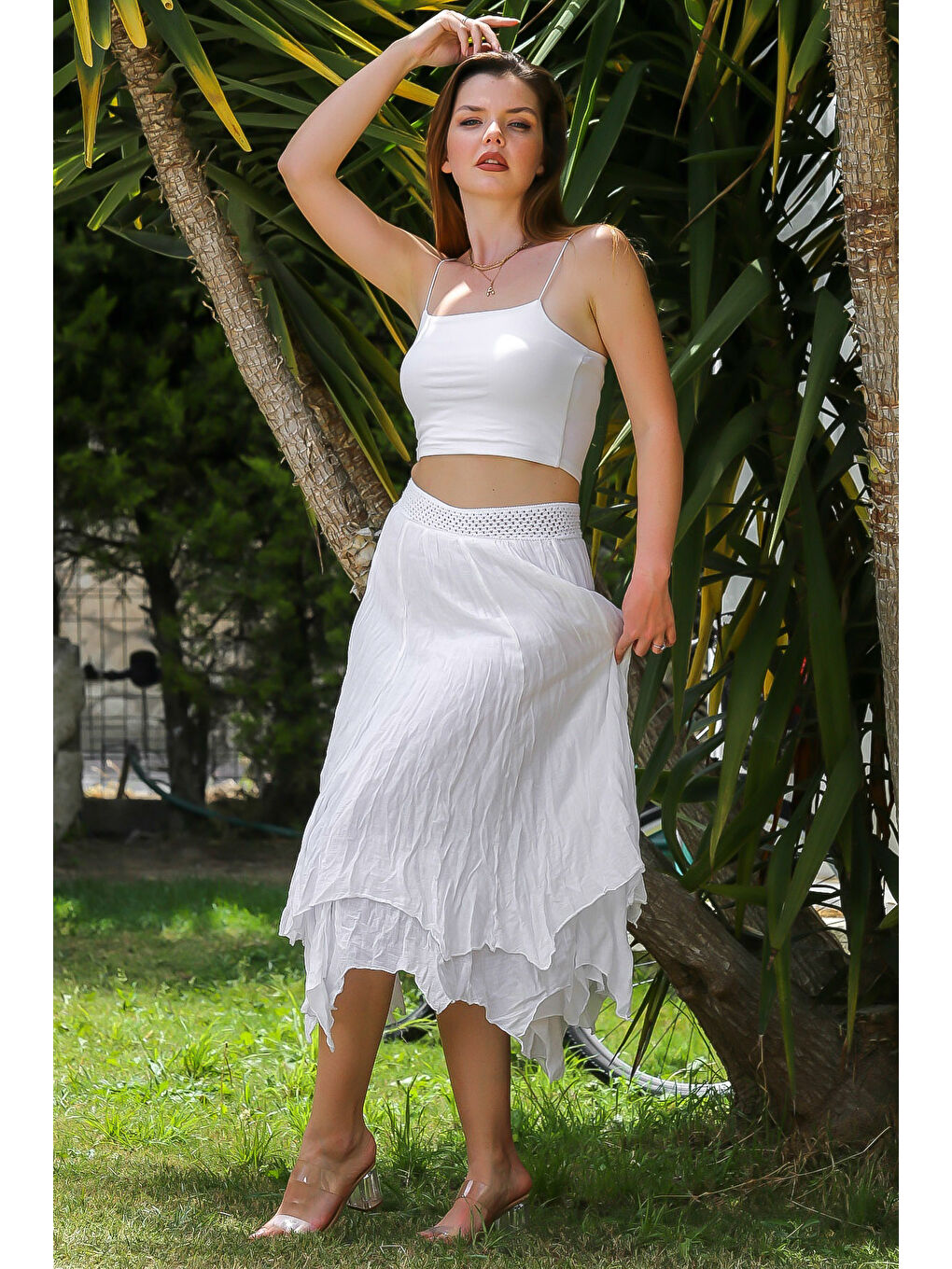 Organik Pamuk Beyaz Astarlı Dokuma Asimetrik Lastikli Bel Casual Etek-4