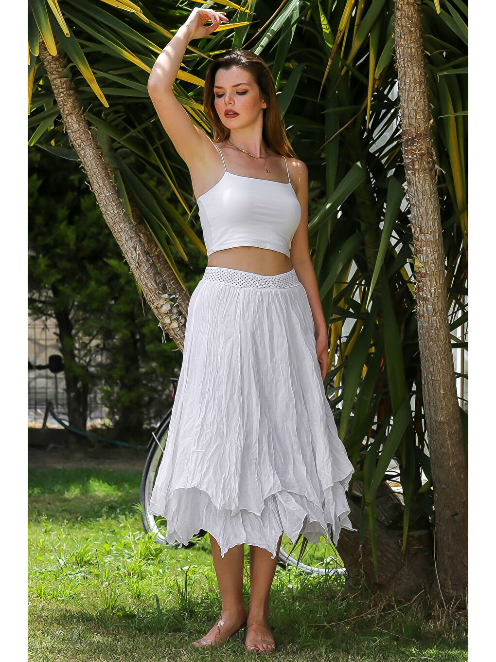 Organik Pamuk Beyaz Astarlı Dokuma Asimetrik Lastikli Bel Casual Etek-5