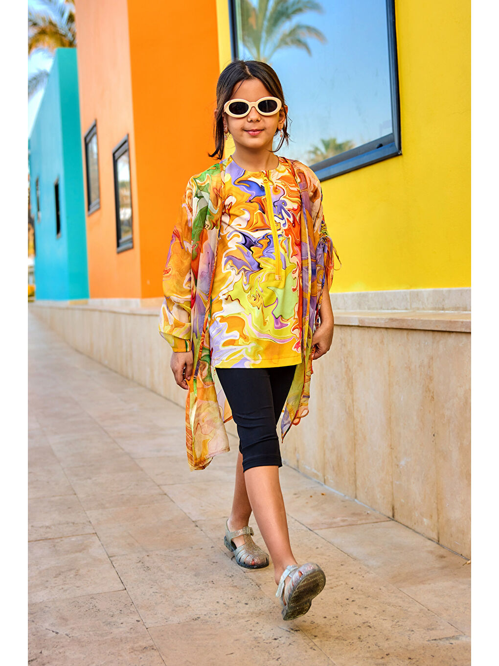 Sarı Kız Çocuk Kimono Hafif, Dökümlü Pareo CP2504-1