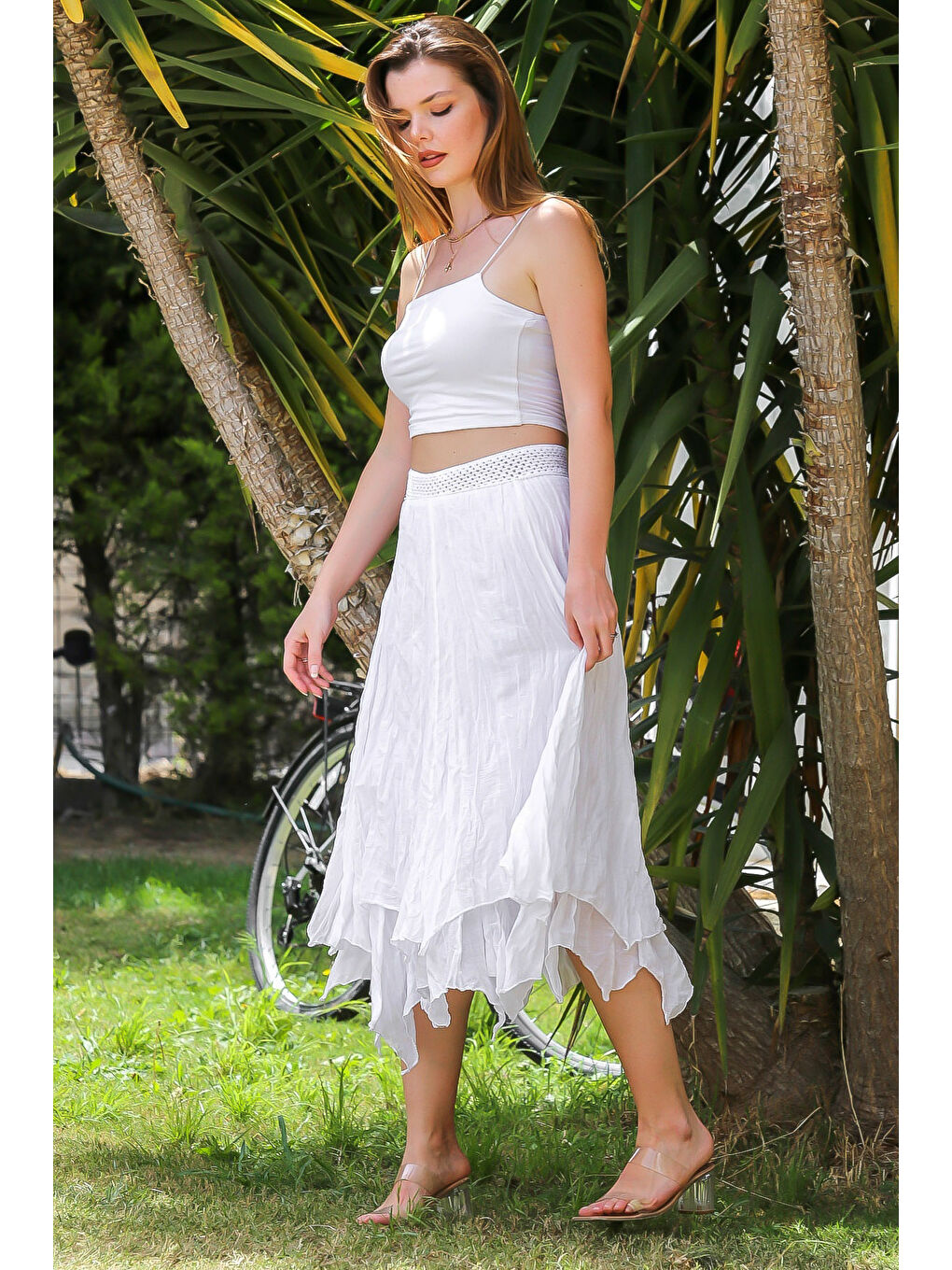 Organik Pamuk Beyaz Astarlı Dokuma Asimetrik Lastikli Bel Casual Etek-6