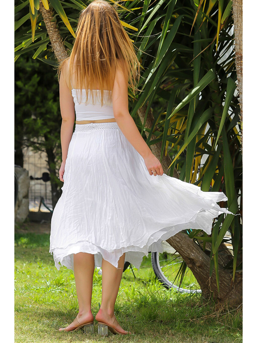 Organik Pamuk Beyaz Astarlı Dokuma Asimetrik Lastikli Bel Casual Etek-7