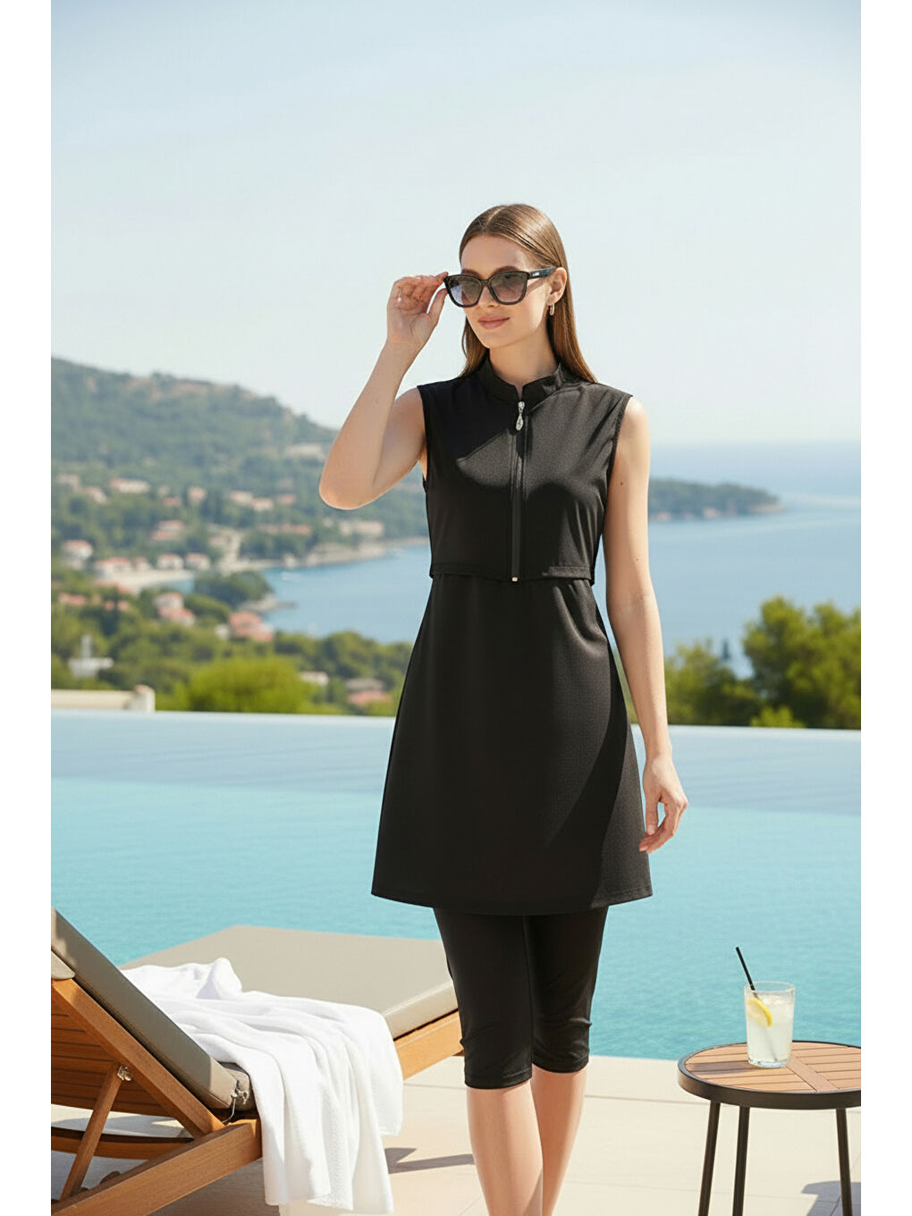 Siyah Hızlı Kuruyan Esnek Paraşüt Kumaş Kolsuz Yarı Kapalı Mayo 3413-1