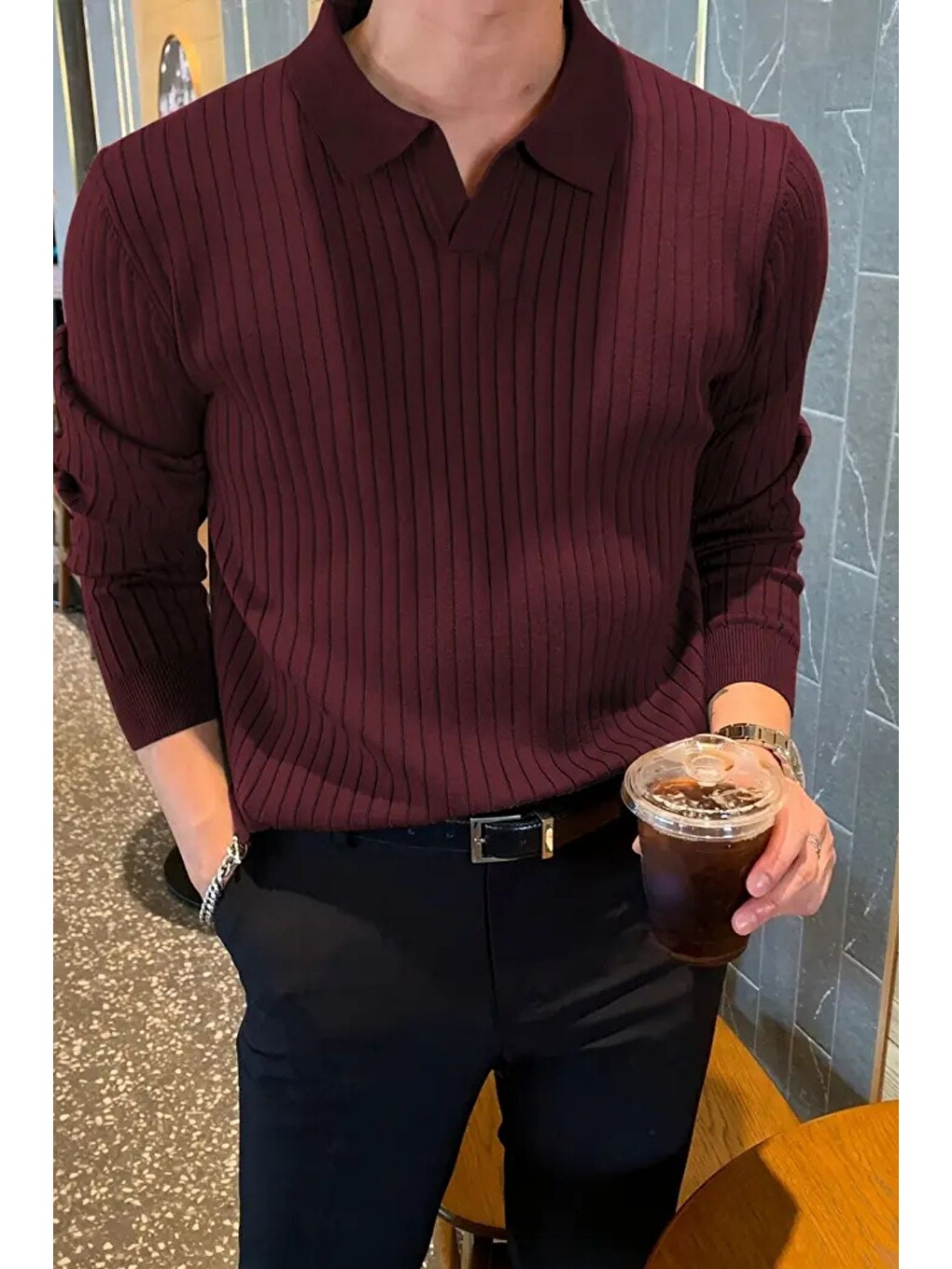 Bordo Erkek Polo Yaka Fitilli Oversize Triko Kazak