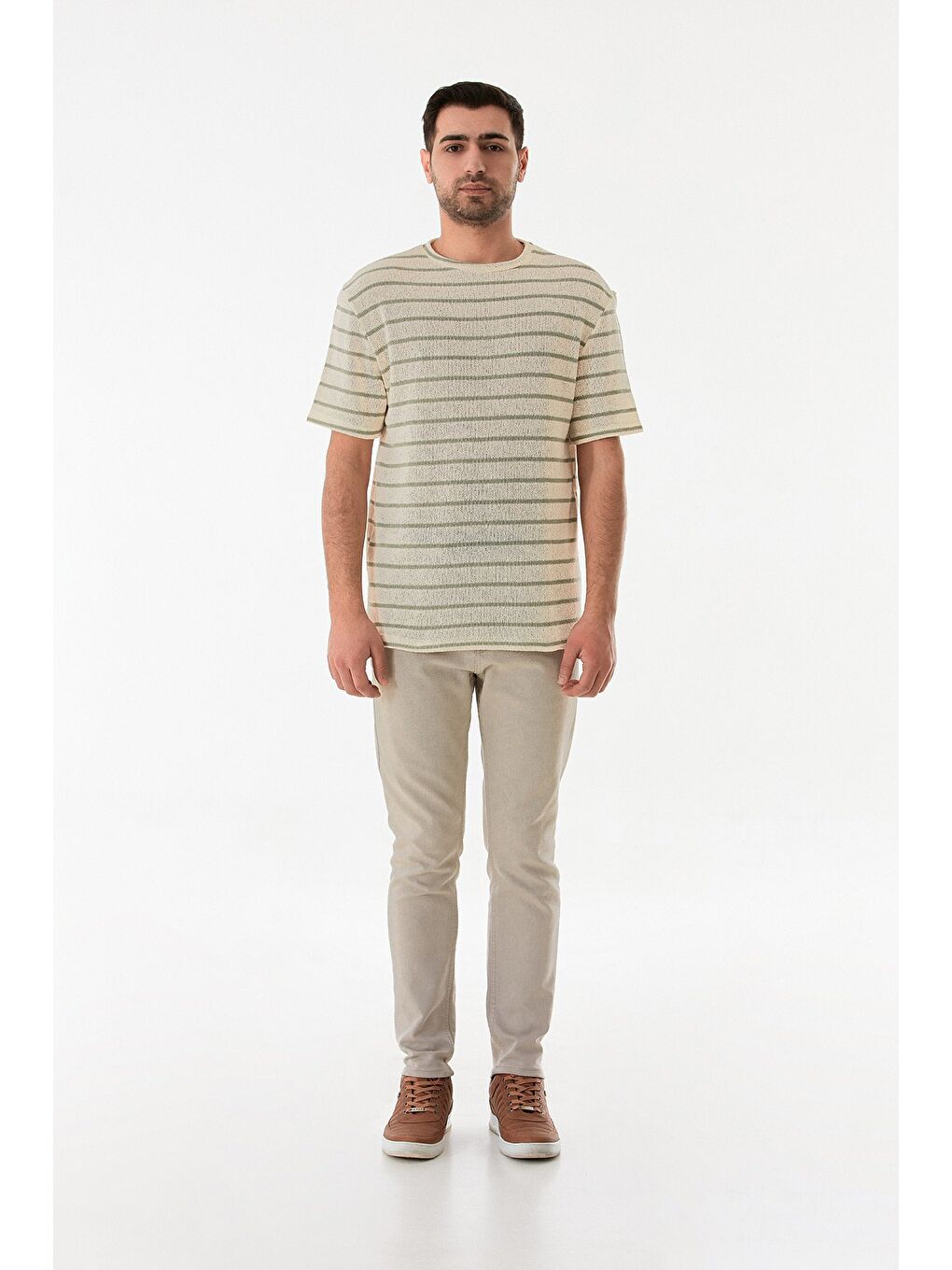 Turkuaz Çizgili Ajurlu Bisiklet Yaka Triko Tişört-1