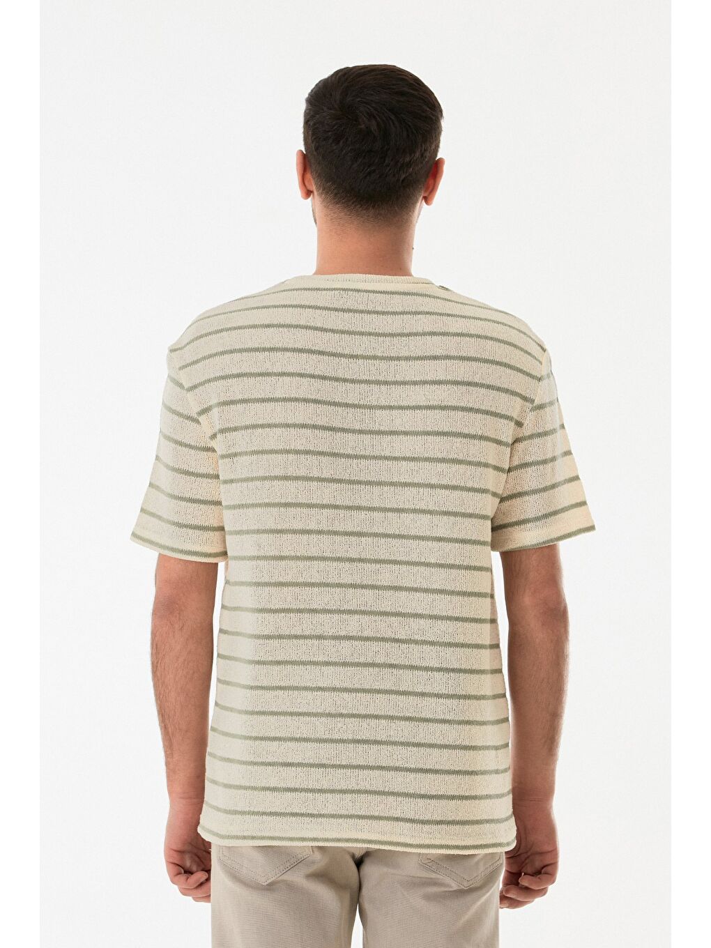 Turkuaz Çizgili Ajurlu Bisiklet Yaka Triko Tişört-3