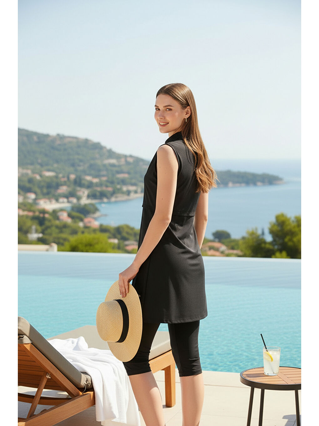 Siyah Hızlı Kuruyan Esnek Paraşüt Kumaş Kolsuz Yarı Kapalı Mayo 3413-4