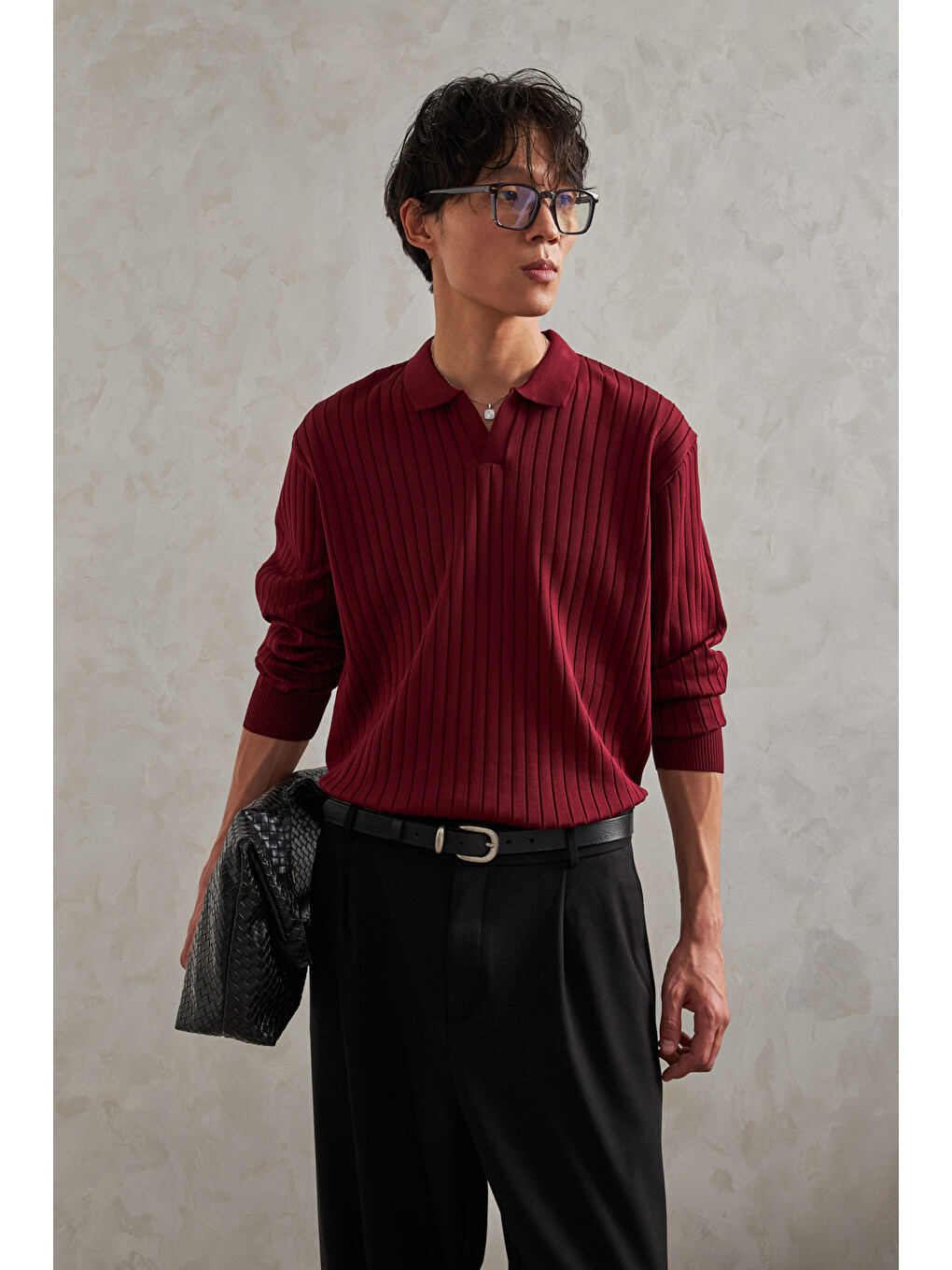 Bordo Erkek Polo Yaka Fitilli Oversize Triko Kazak-1
