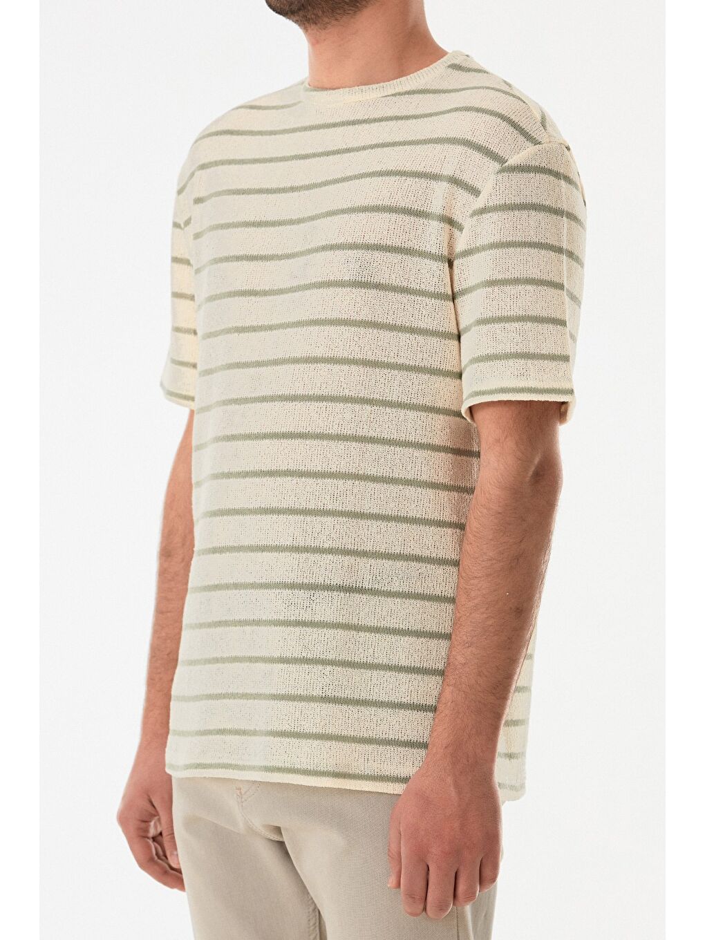 Turkuaz Çizgili Ajurlu Bisiklet Yaka Triko Tişört-4