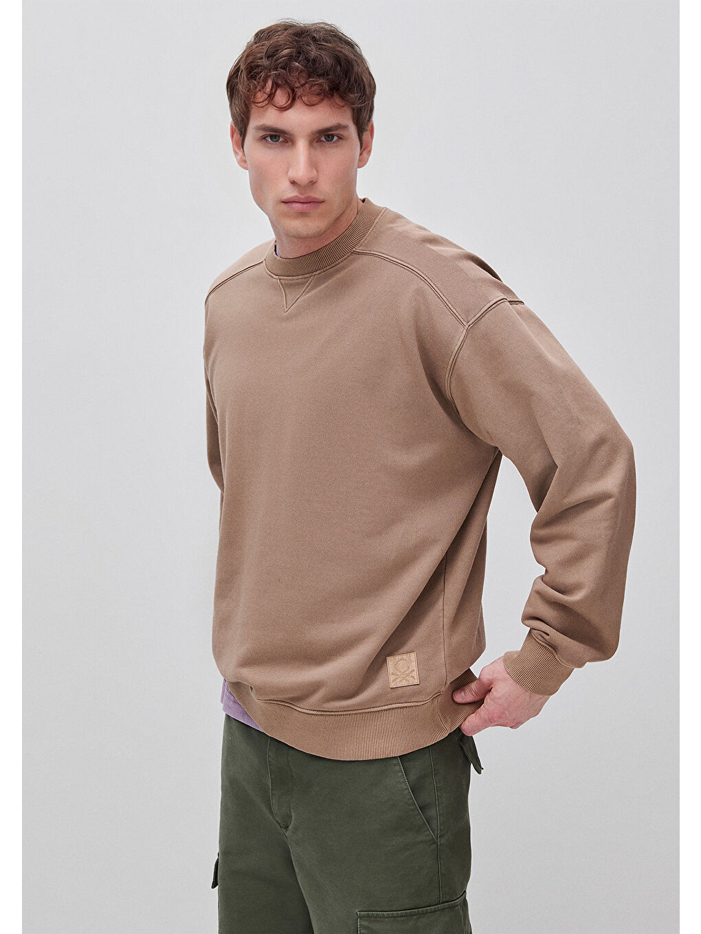 Kahverengi Erkek Taba  Pamuk Karışımlı Logo Detaylı Yuvarlak Yaka Sweatshirt