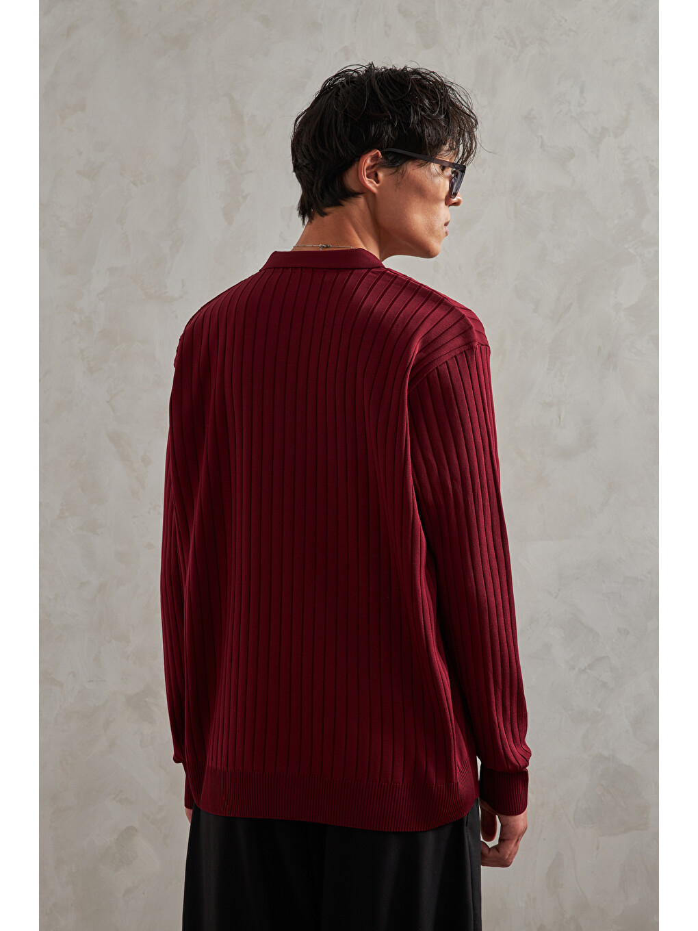 Bordo Erkek Polo Yaka Fitilli Oversize Triko Kazak-3