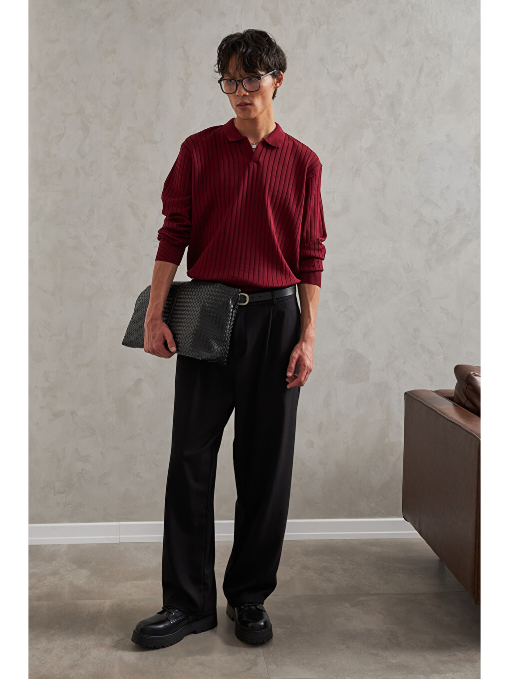 Bordo Erkek Polo Yaka Fitilli Oversize Triko Kazak-4